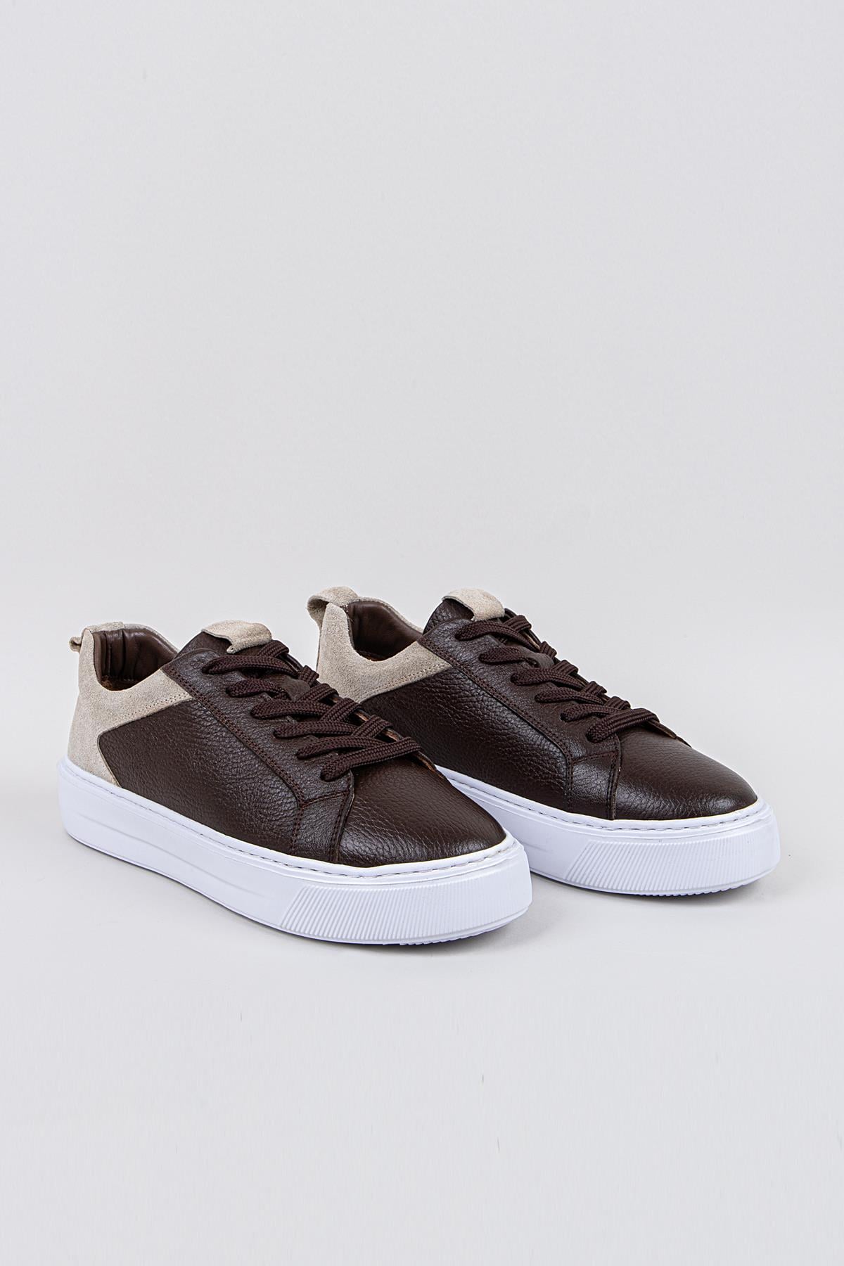 Erkek Kahverengi-Beyaz Taban Deri Sneaker Ayakkabı