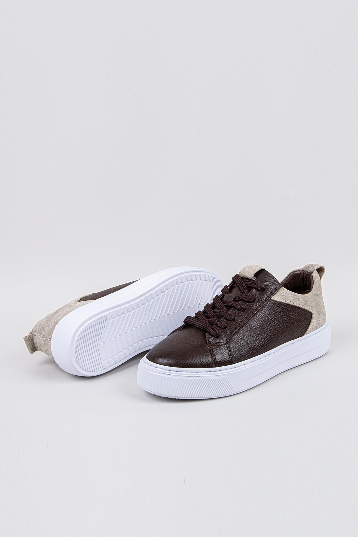 Erkek Kahverengi-Beyaz Taban Deri Sneaker Ayakkabı
