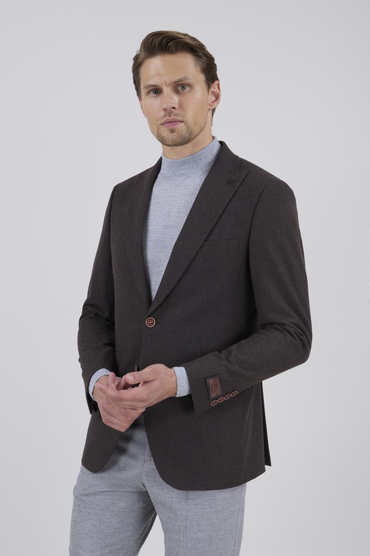 Erkek Slim Fit Mono Yaka Kahverengi Ceket