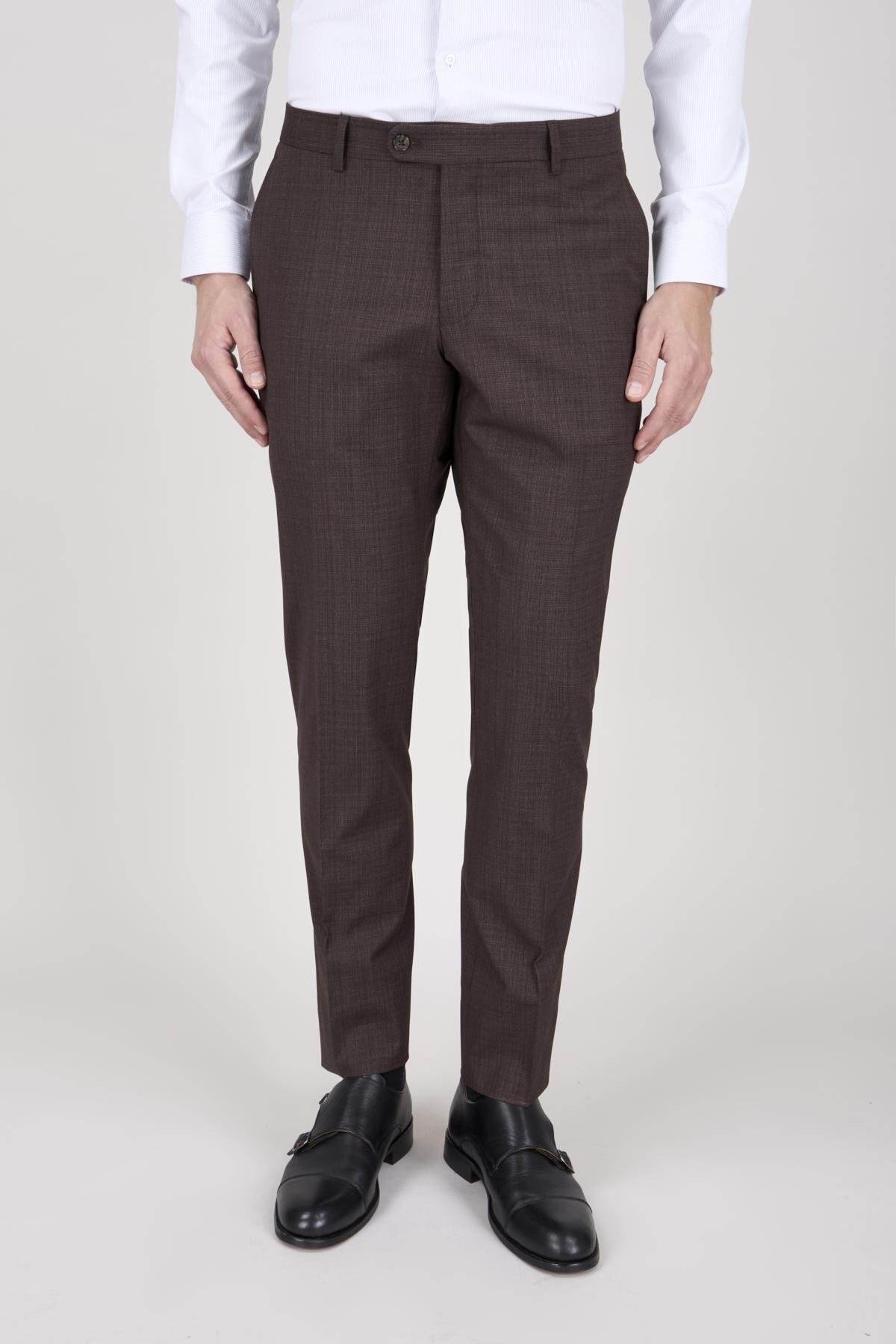 Erkek Slim Fit Sivri Yaka Kahverengi Yelekli Takım Elbise