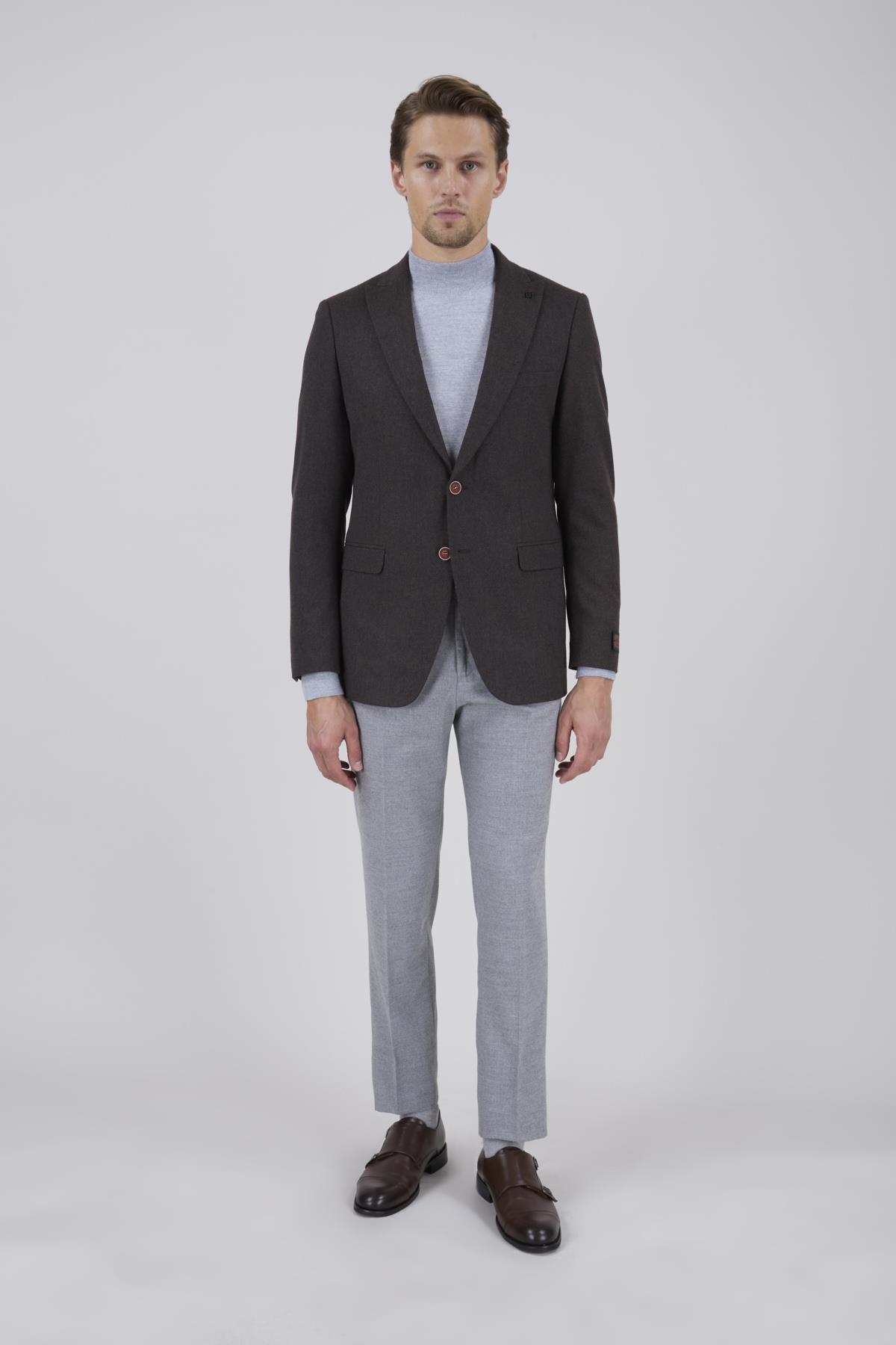 Erkek Slim Fit Mono Yaka Kahverengi Ceket