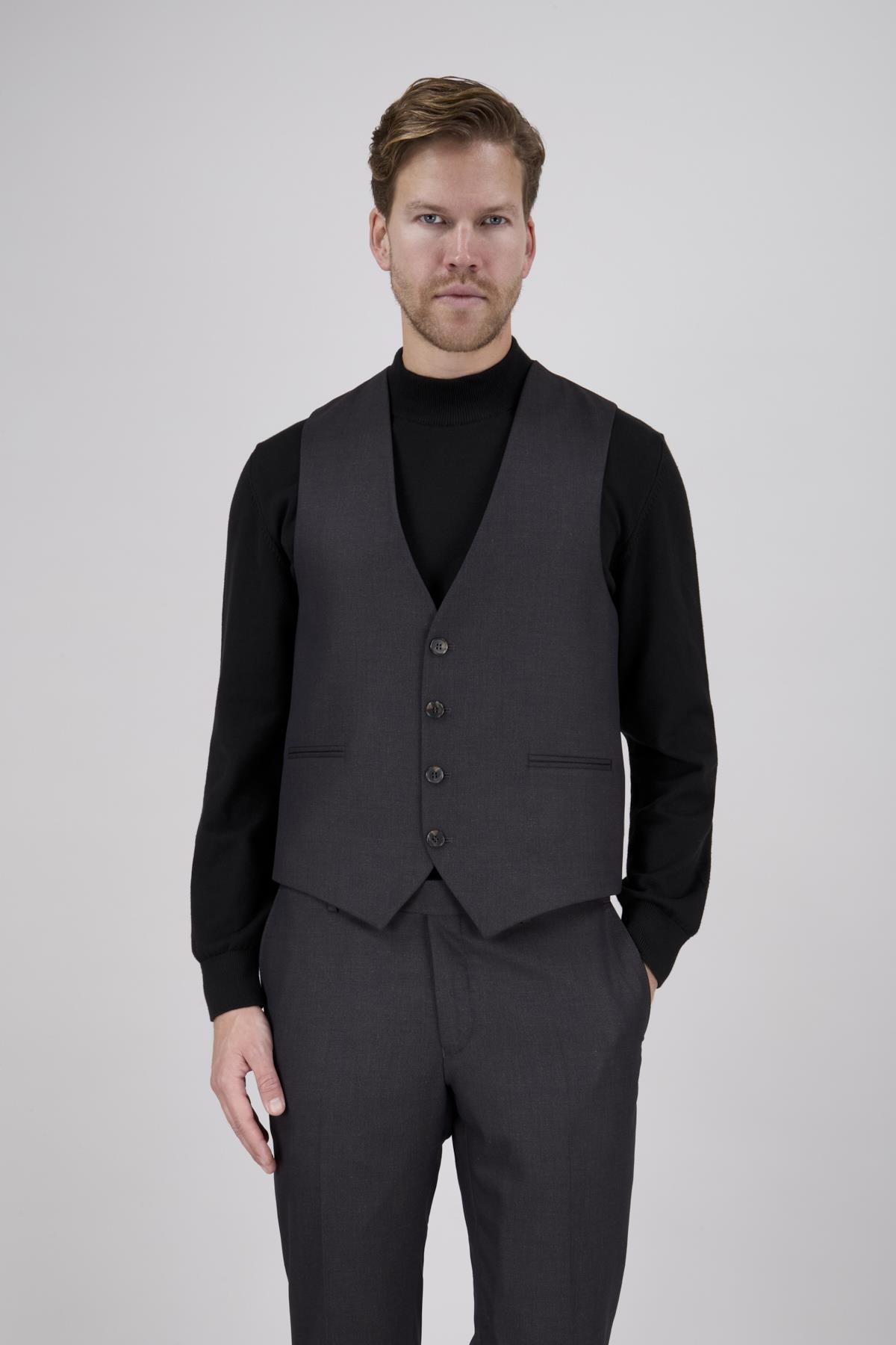 Erkek Slim Fit Sivri Yaka Kahverengi Yelekli Takım Elbise
