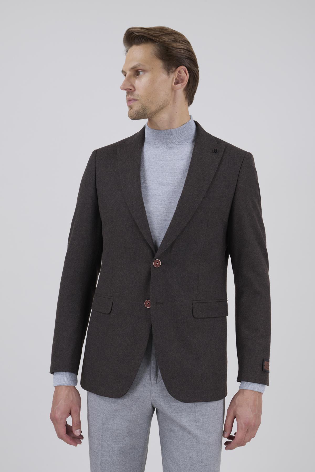 Erkek Slim Fit Mono Yaka Kahverengi Ceket