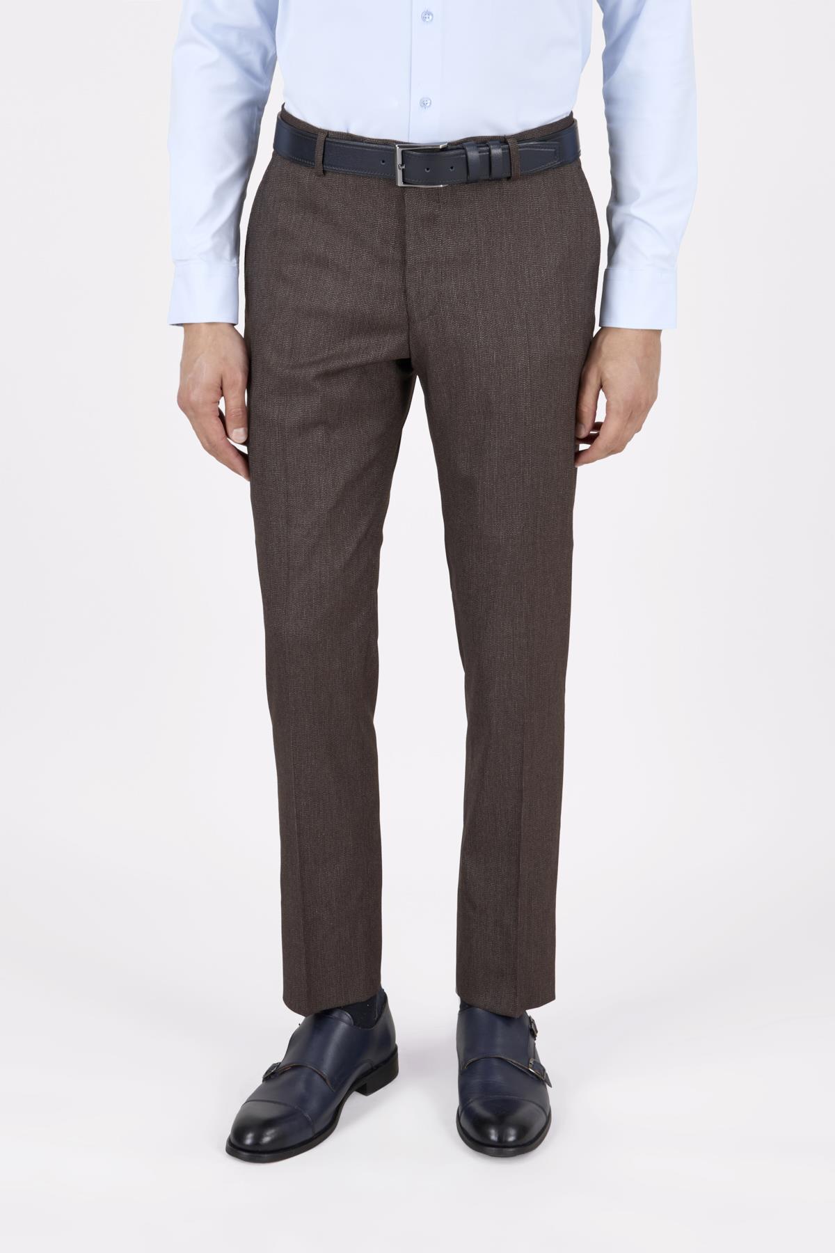 Erkek Slim Fit Sivri Yaka Kahverengi Yelekli Takım Elbise