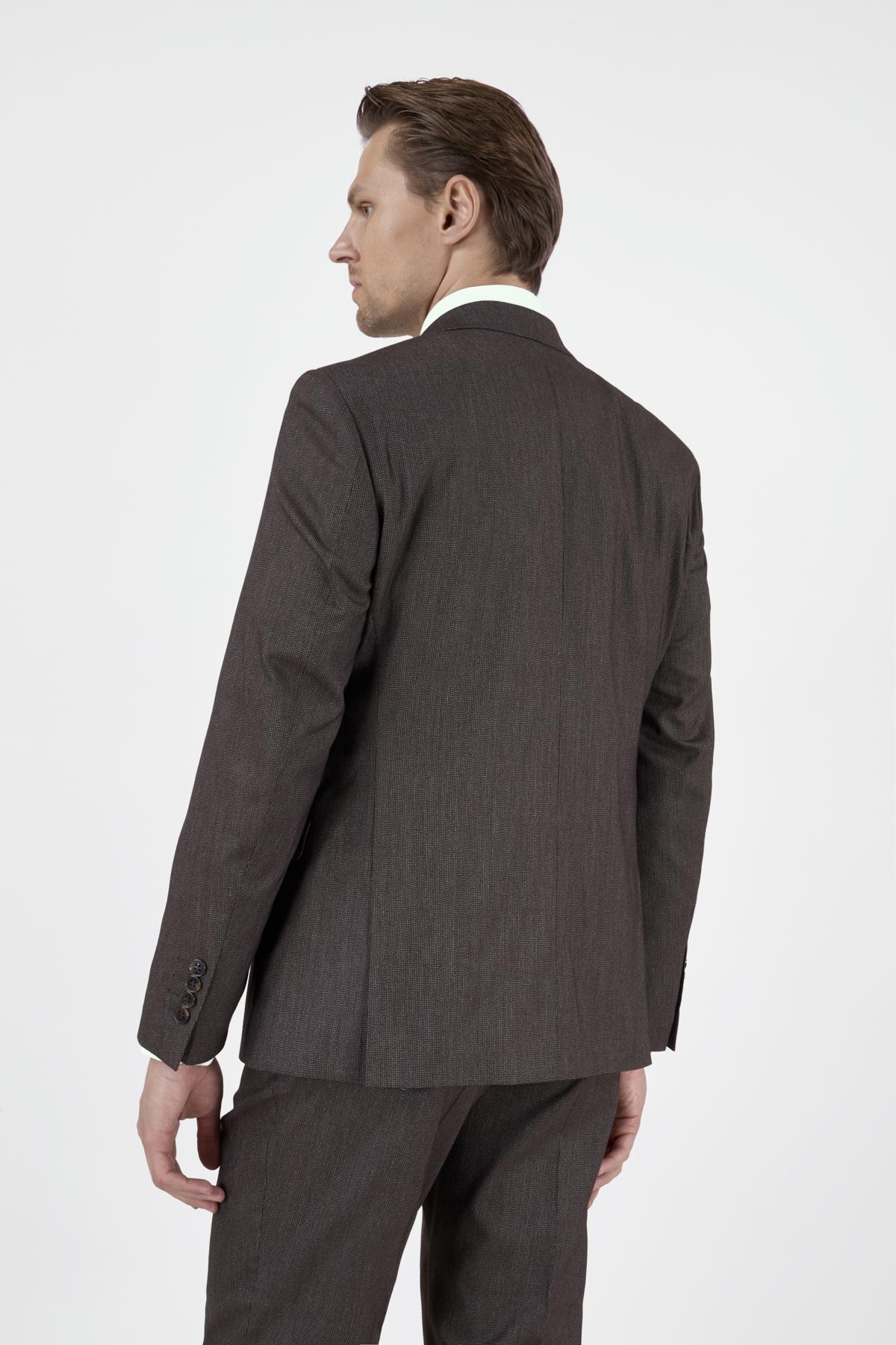 Erkek Slim Fit Sivri Yaka Kahverengi Yelekli Takım Elbise