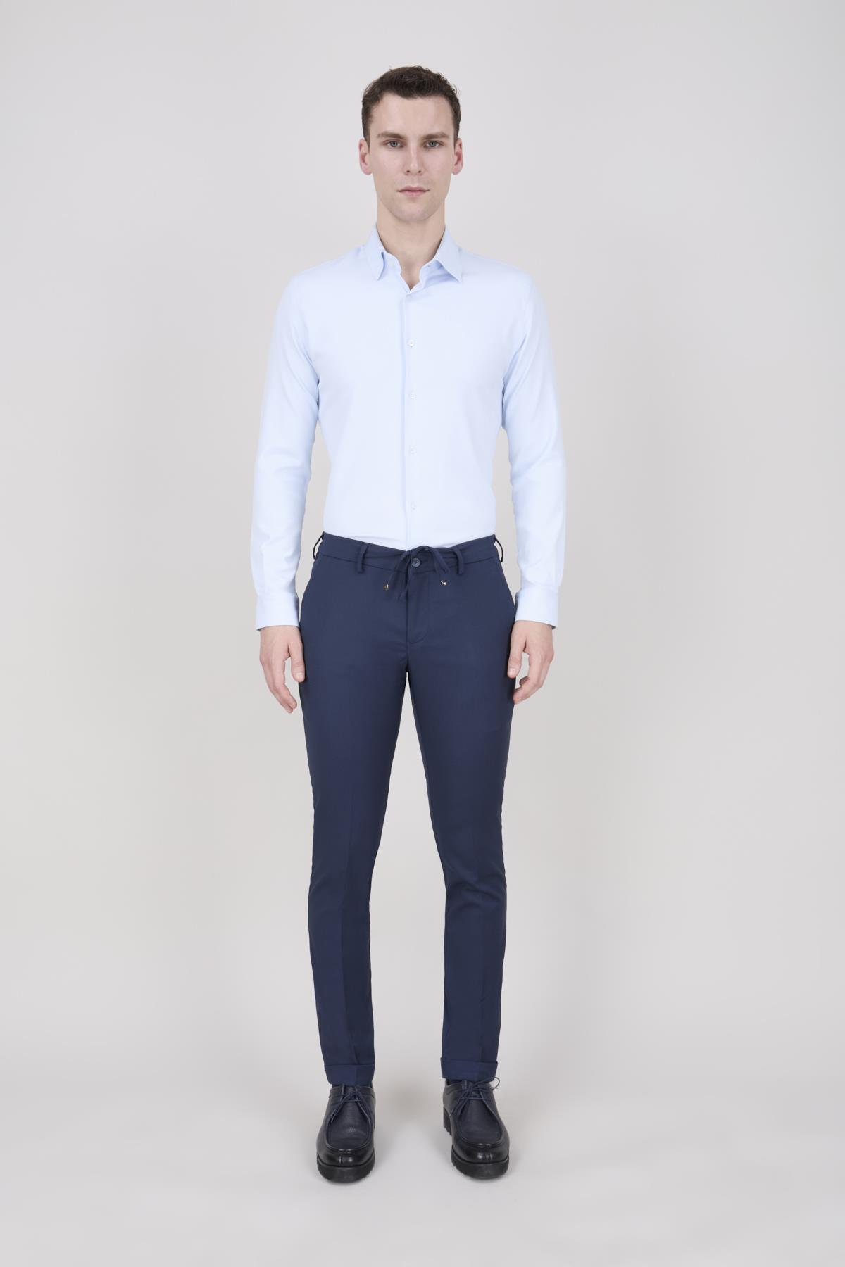 Erkek Lacivert Bağcıklı Casual Pantolon