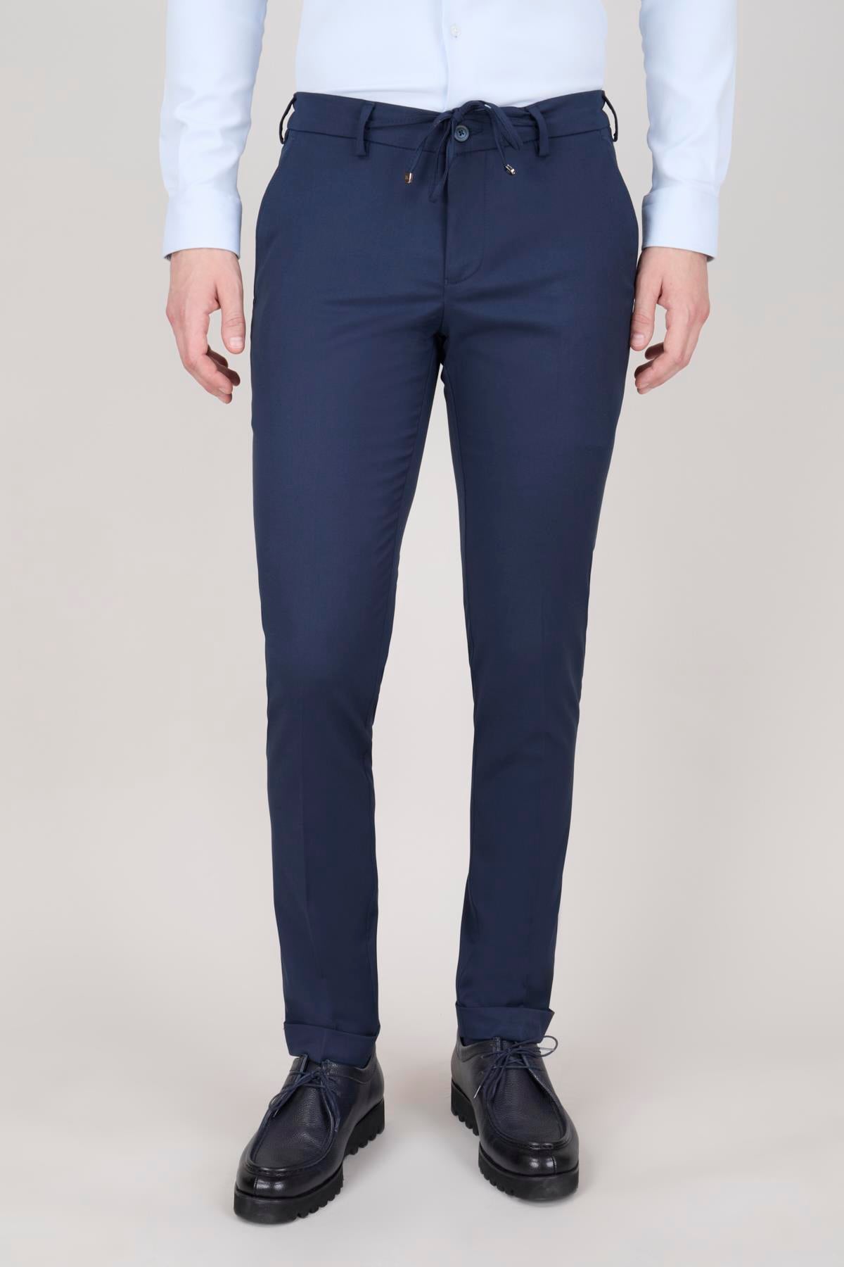 Erkek Lacivert Bağcıklı Casual Pantolon