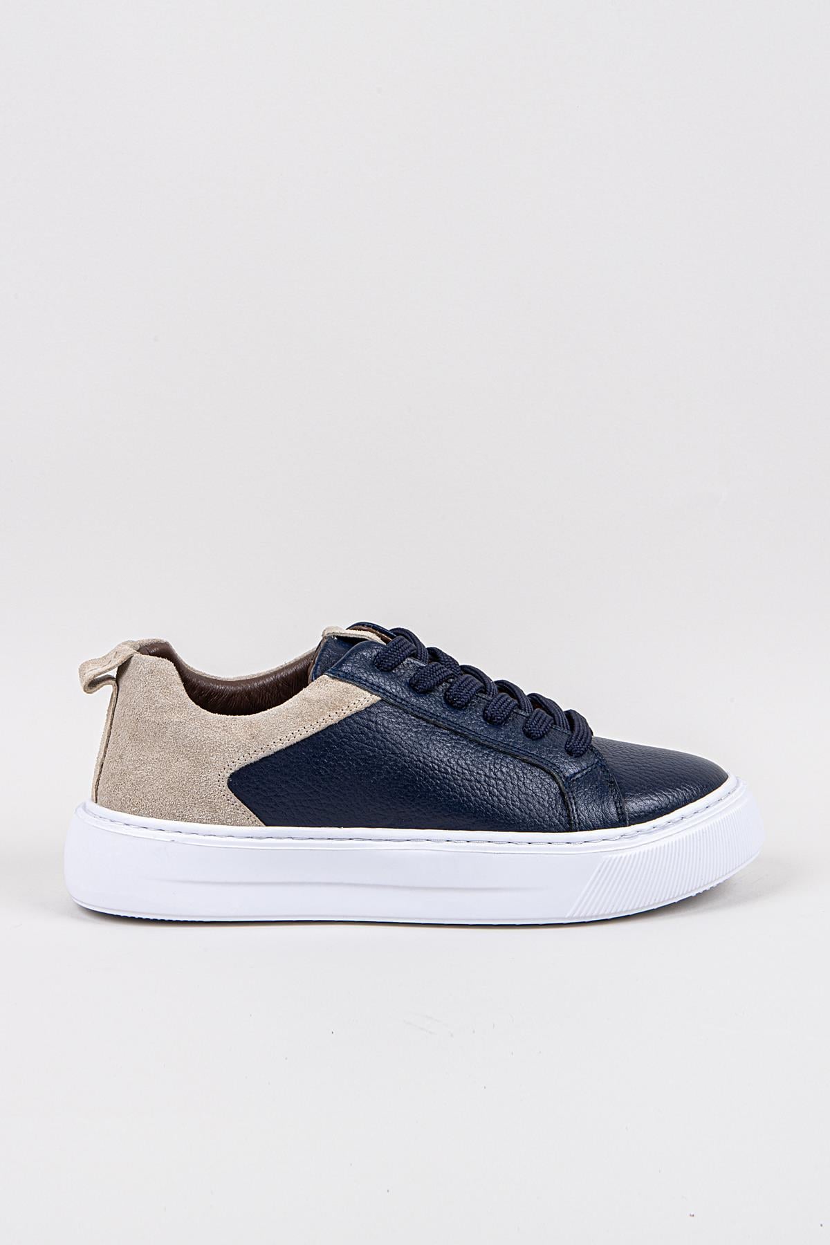 Erkek Lacivert-Beyaz Taban Deri Sneaker Ayakkabı