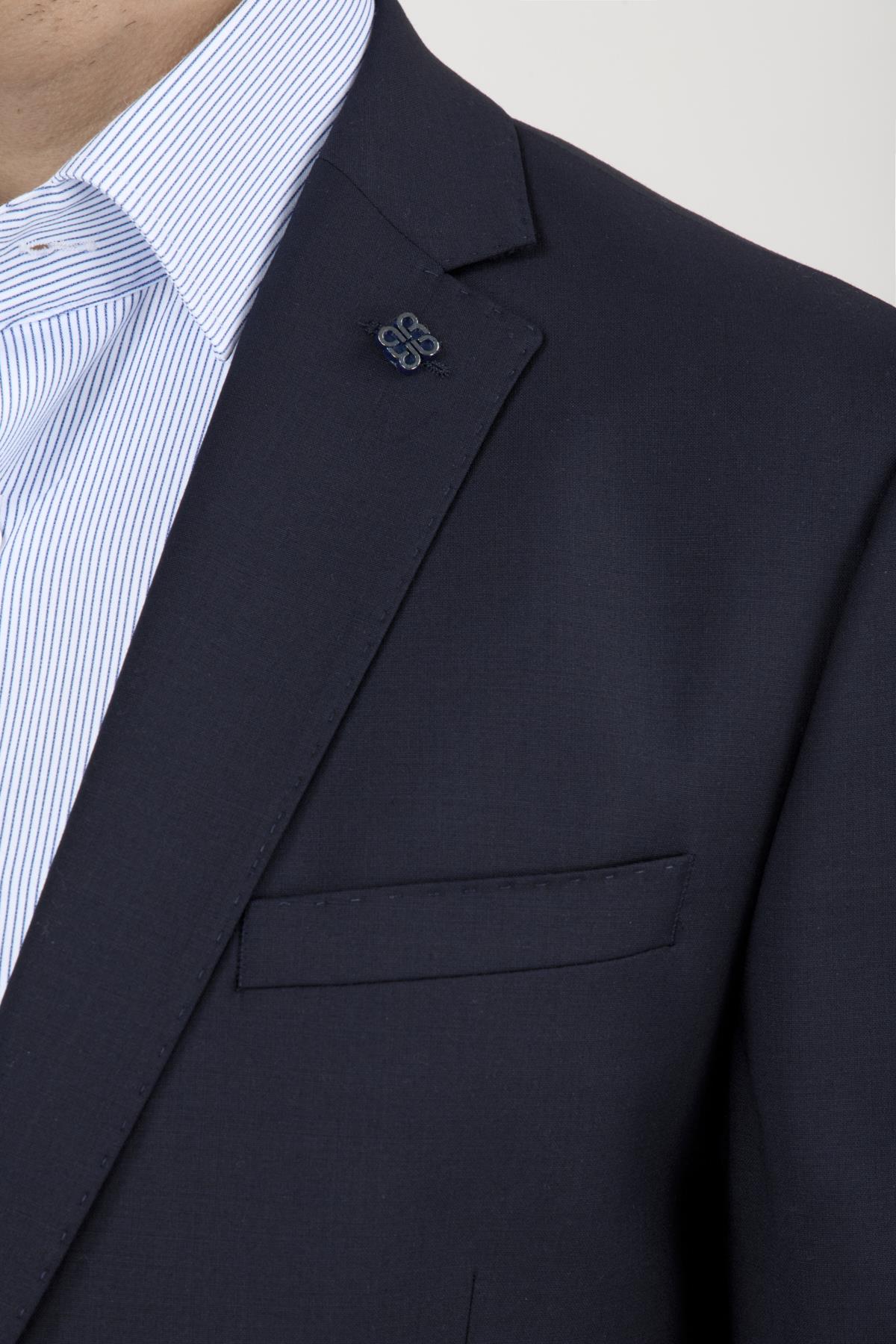 Erkek Slim Fit Mono Yaka Puntolu Lacivert Torba Cep Yarım Astar Takım Elbise