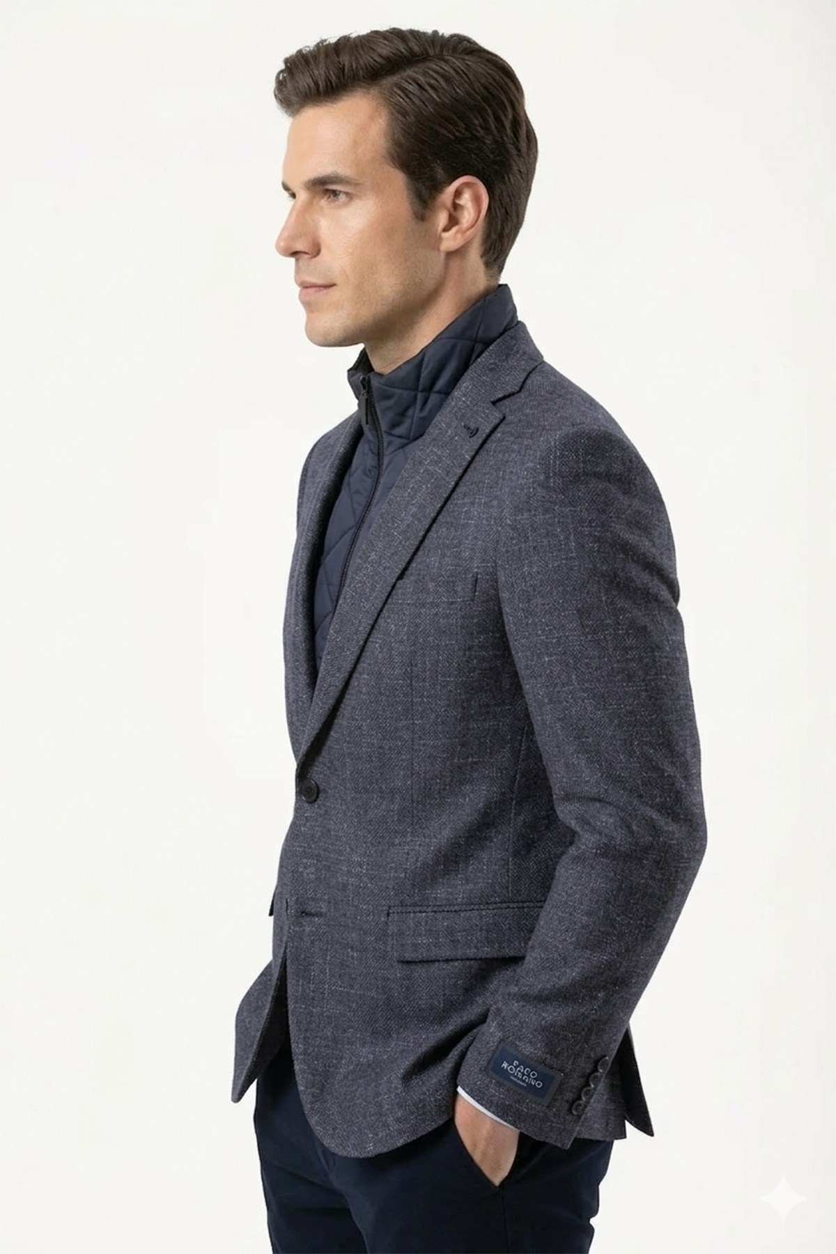 Erkek Slim Fit Mono Yaka Çıkarılabilir Kapitone Astarlı Lacivert Ceket