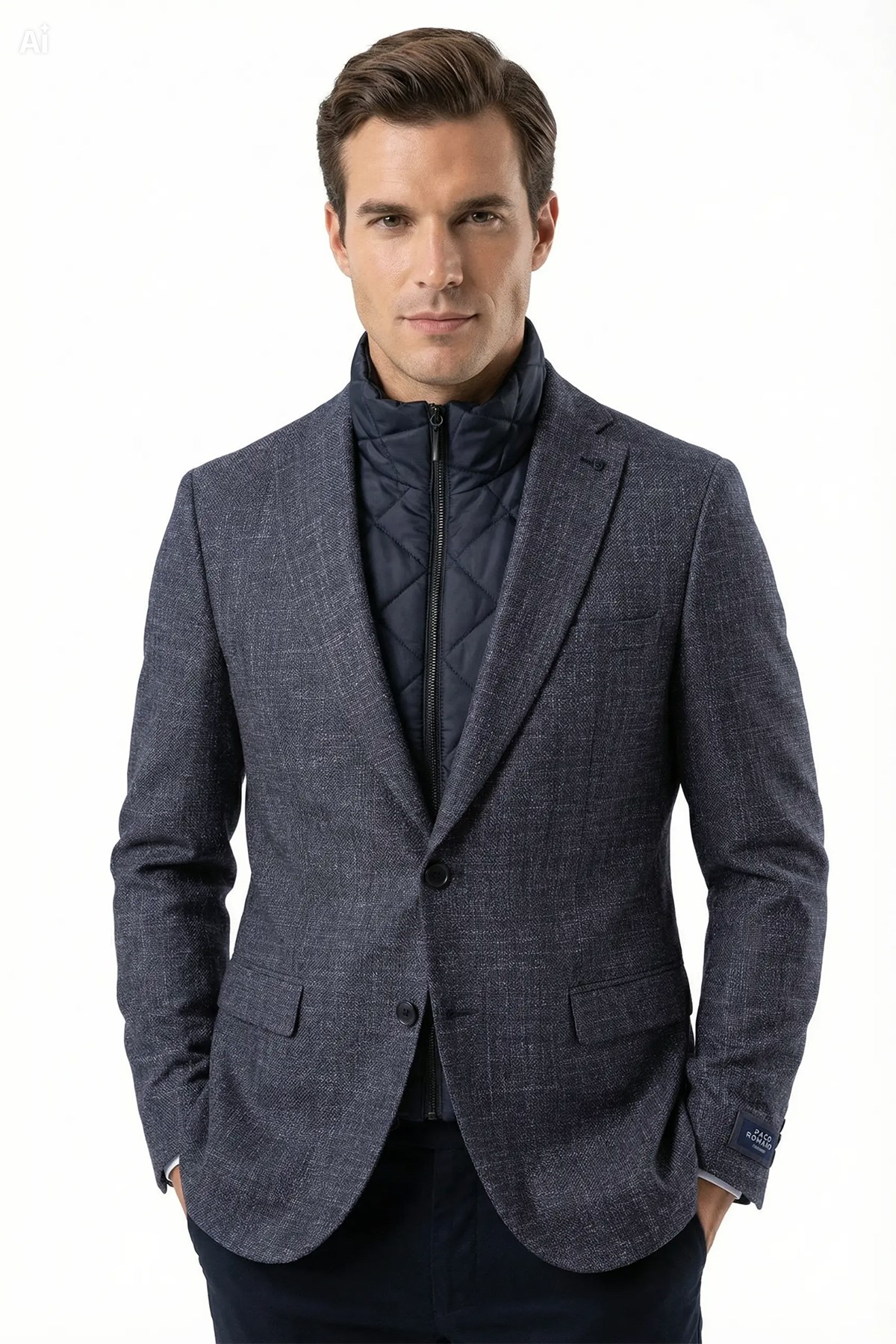 Erkek Slim Fit Mono Yaka Çıkarılabilir Kapitone Astarlı Lacivert Ceket