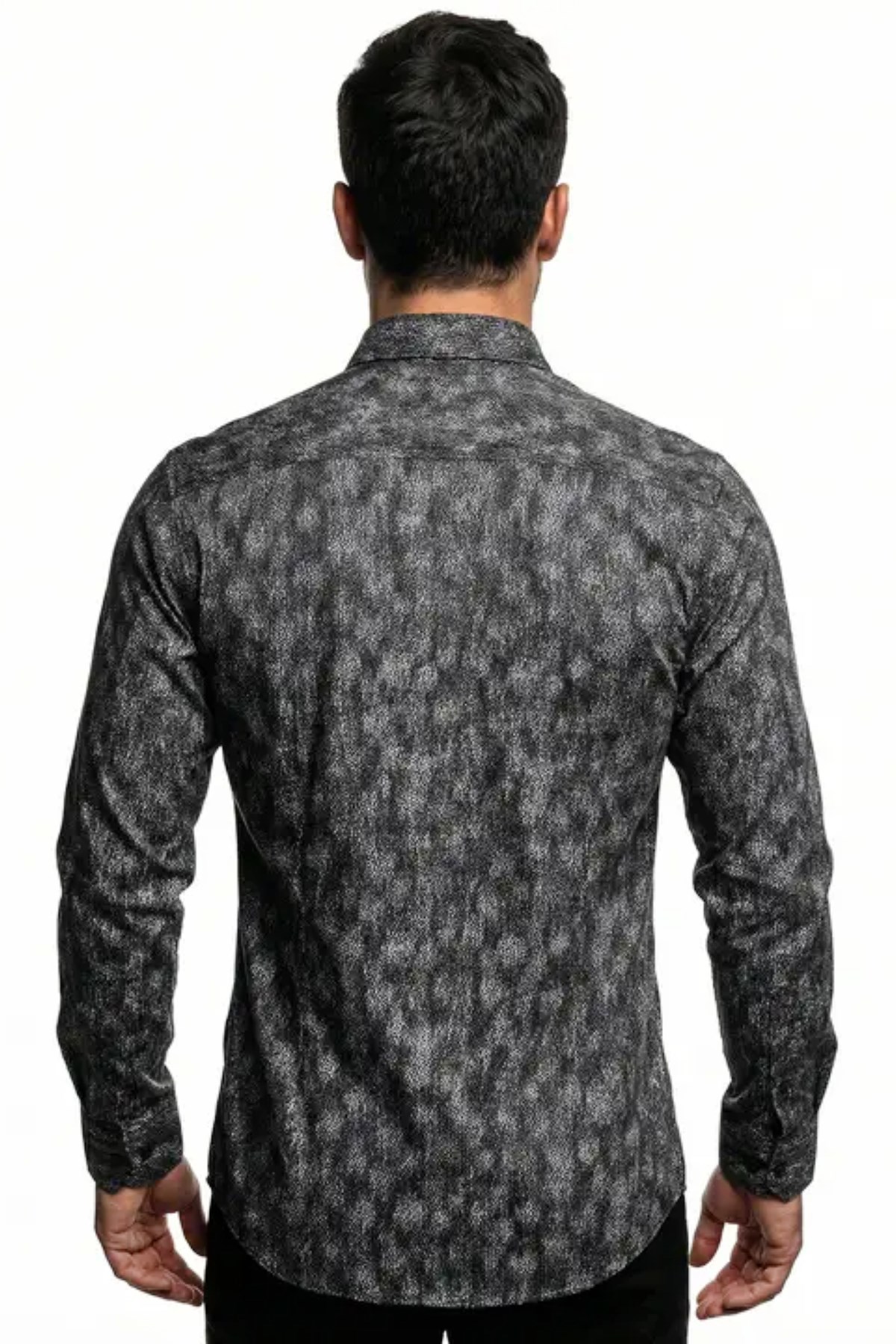 Erkek Slim Fit Desenli Gri Siyah Gömlek