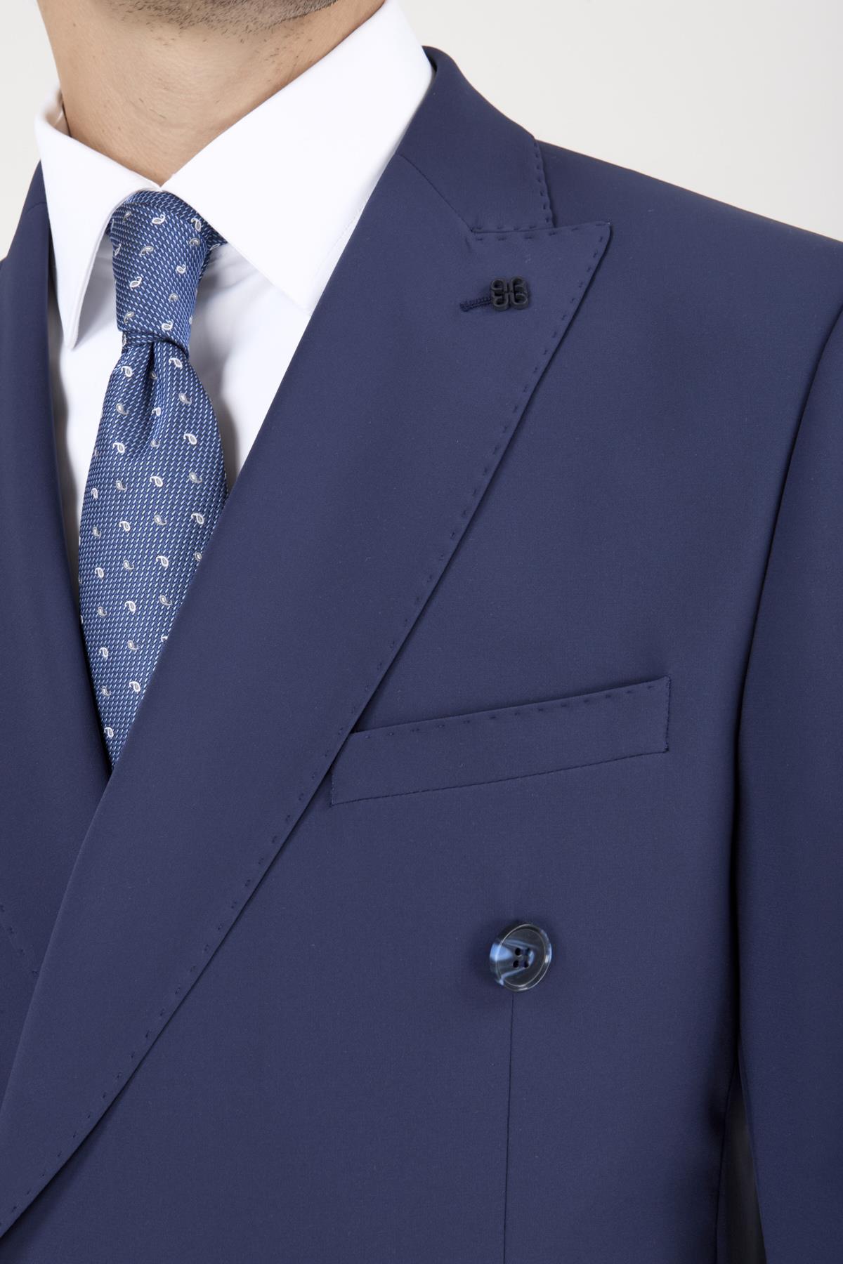 Erkek Slim Fit Sivri Yaka Torba Cep Yarım Astar Lacivert Kruvaze Takım Elbise