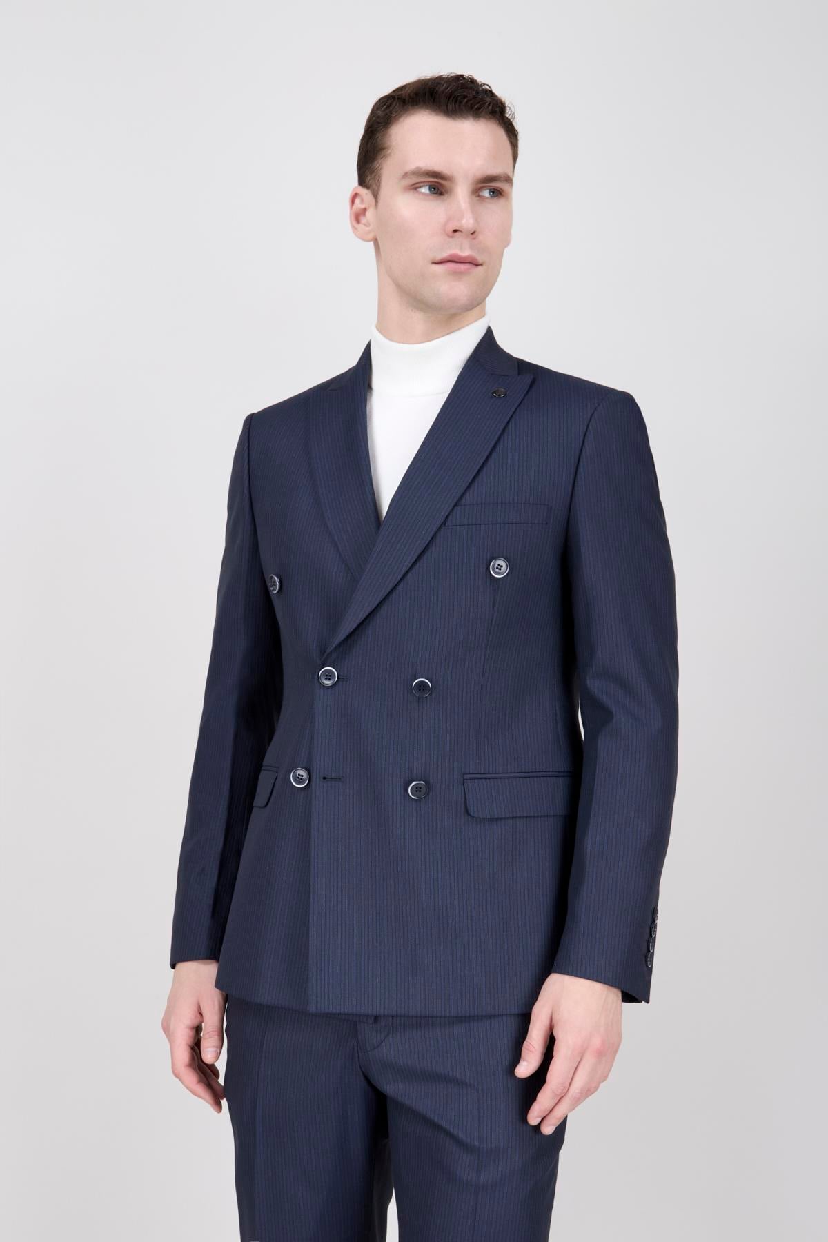 Erkek Slim Fit Sivri Yaka Lacivert Kruvaze Takım Elbise