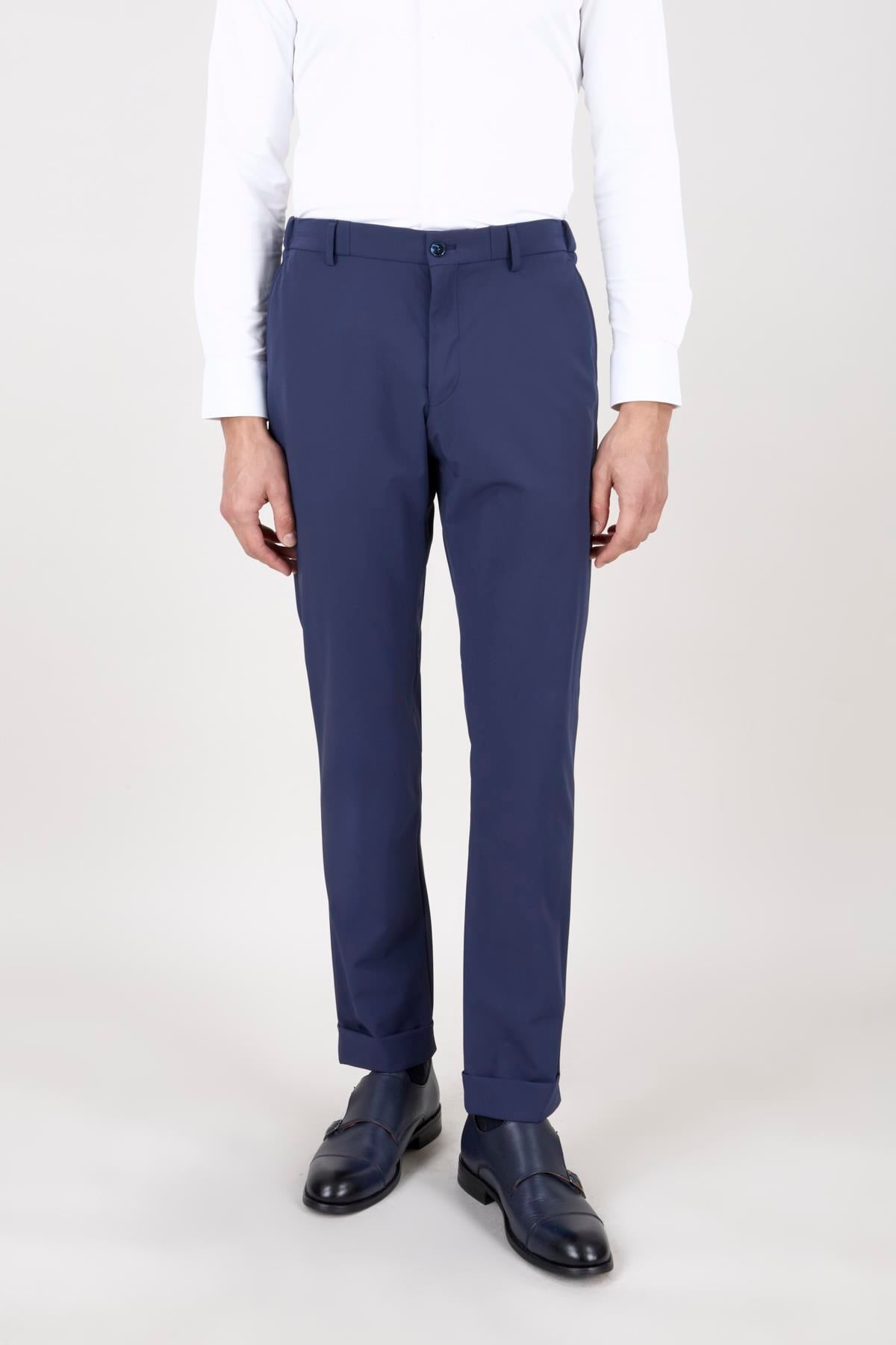 Erkek Slim Fit Sivri Yaka Torba Cep Yarım Astar Lacivert Kruvaze Takım Elbise