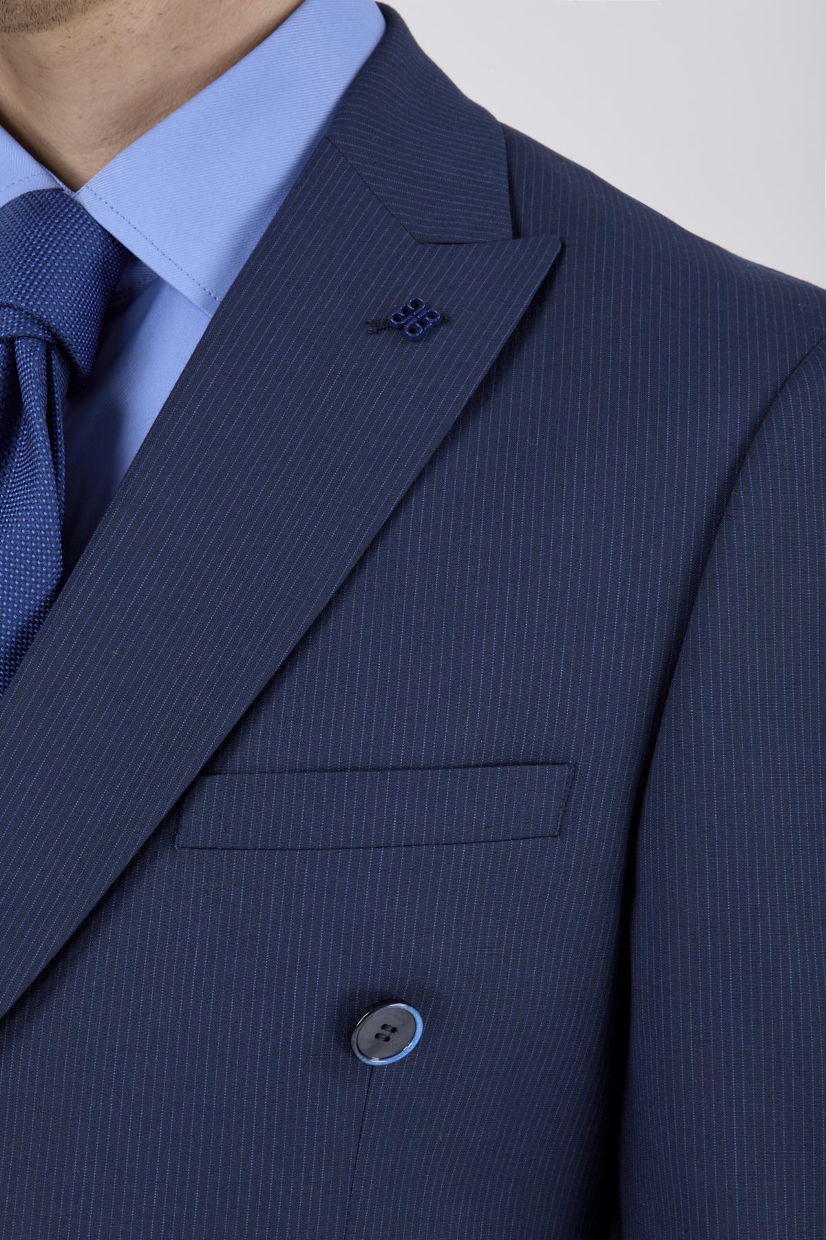Erkek Slim Fit Sivri Yaka Lacivert Kruvaze Takım Elbise