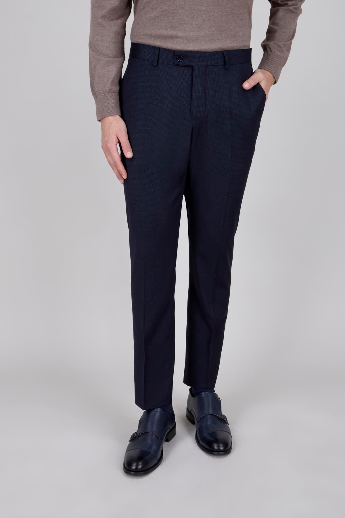 Erkek Slim Fit Mono Yaka Lacivert 8 Drop Yelekli Takım Elbise