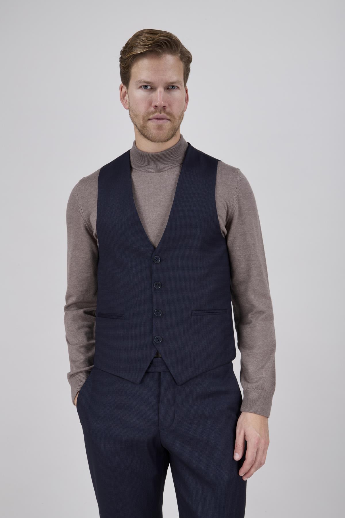 Erkek Slim Fit Mono Yaka Lacivert 8 Drop Yelekli Takım Elbise