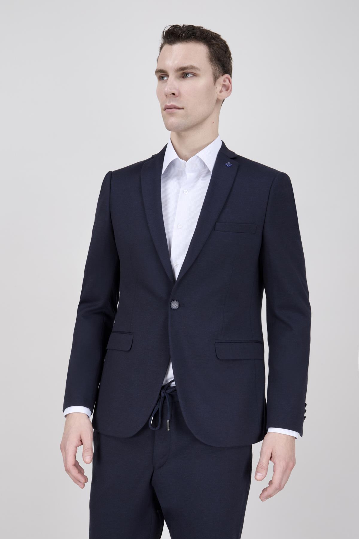 Erkek Slim Fit Mono Yaka Lacivert Yarım Astar Takım Elbise