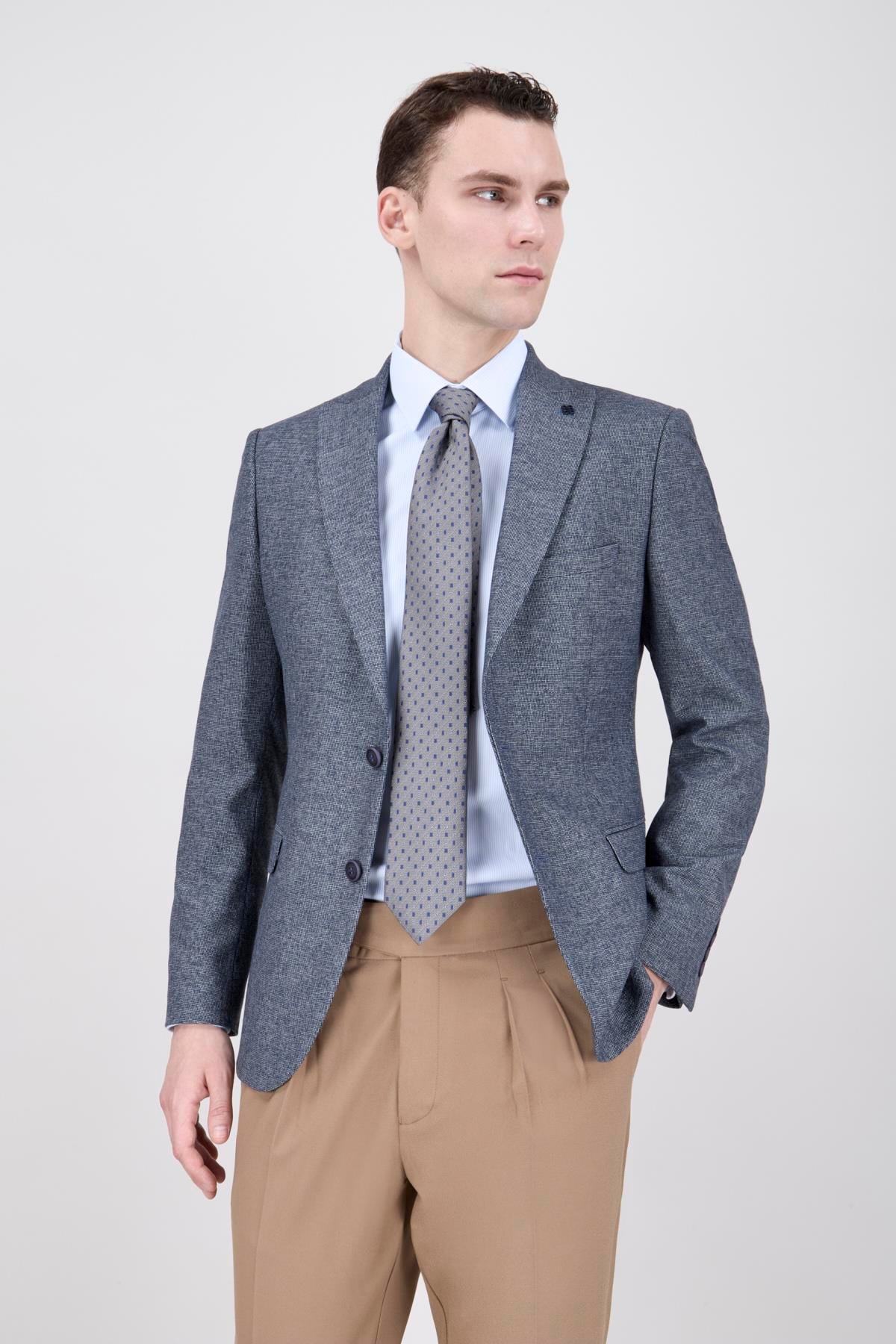 Erkek Slim Fit Sivri Yaka Lacivert Ceket