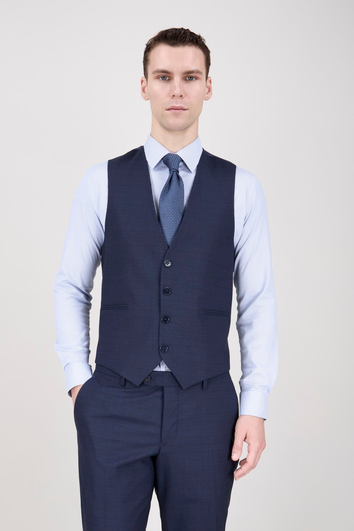 Erkek Slim Fit Sivri Yaka Lacivert Yelekli Takım Elbise