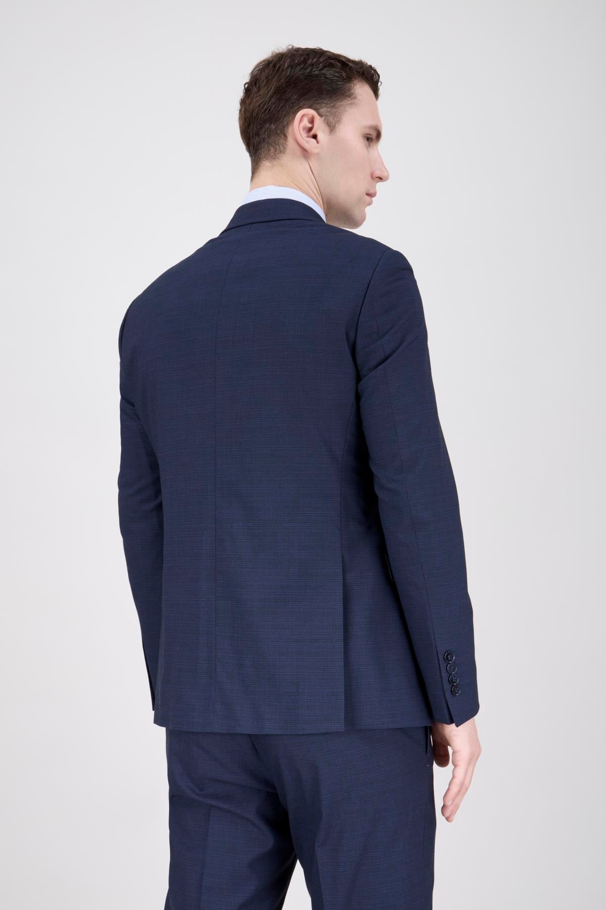 Erkek Slim Fit Sivri Yaka Lacivert Yelekli Takım Elbise