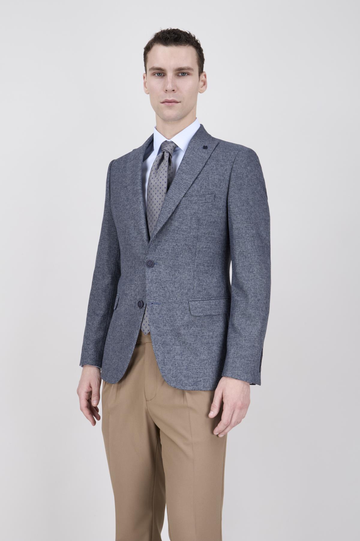 Erkek Slim Fit Sivri Yaka Lacivert Ceket