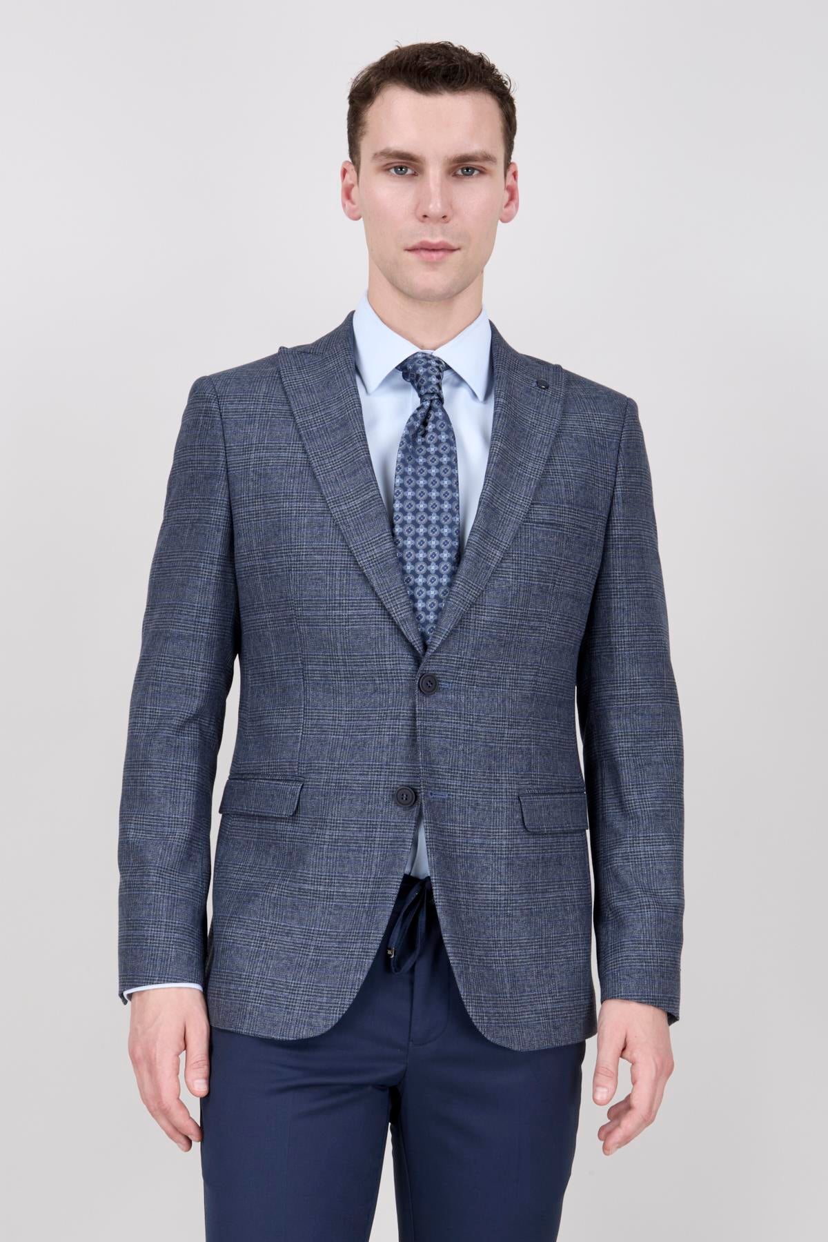 Erkek Slim Fit Mono Yaka Lacivert Ceket