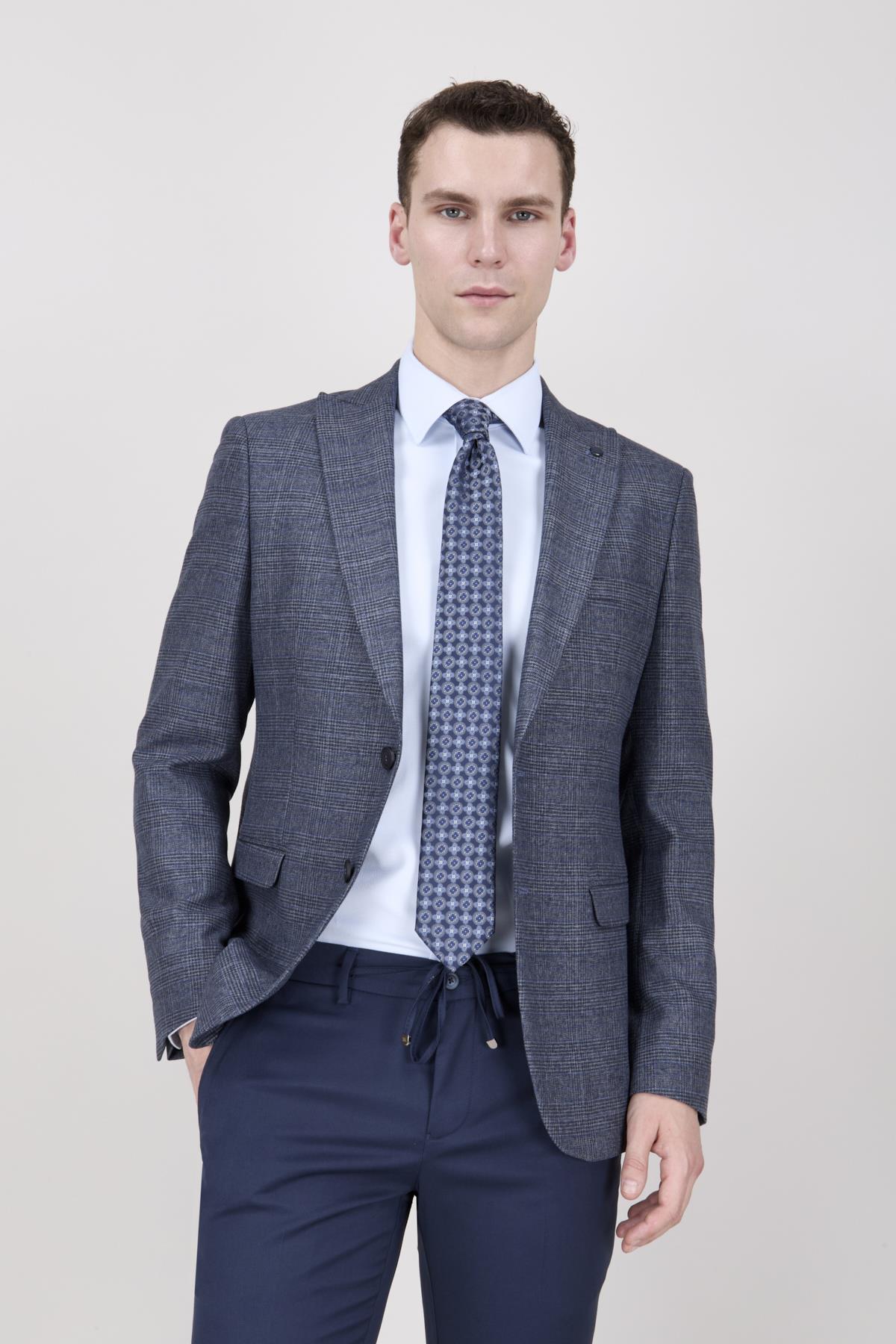 Erkek Slim Fit Mono Yaka Lacivert Ceket