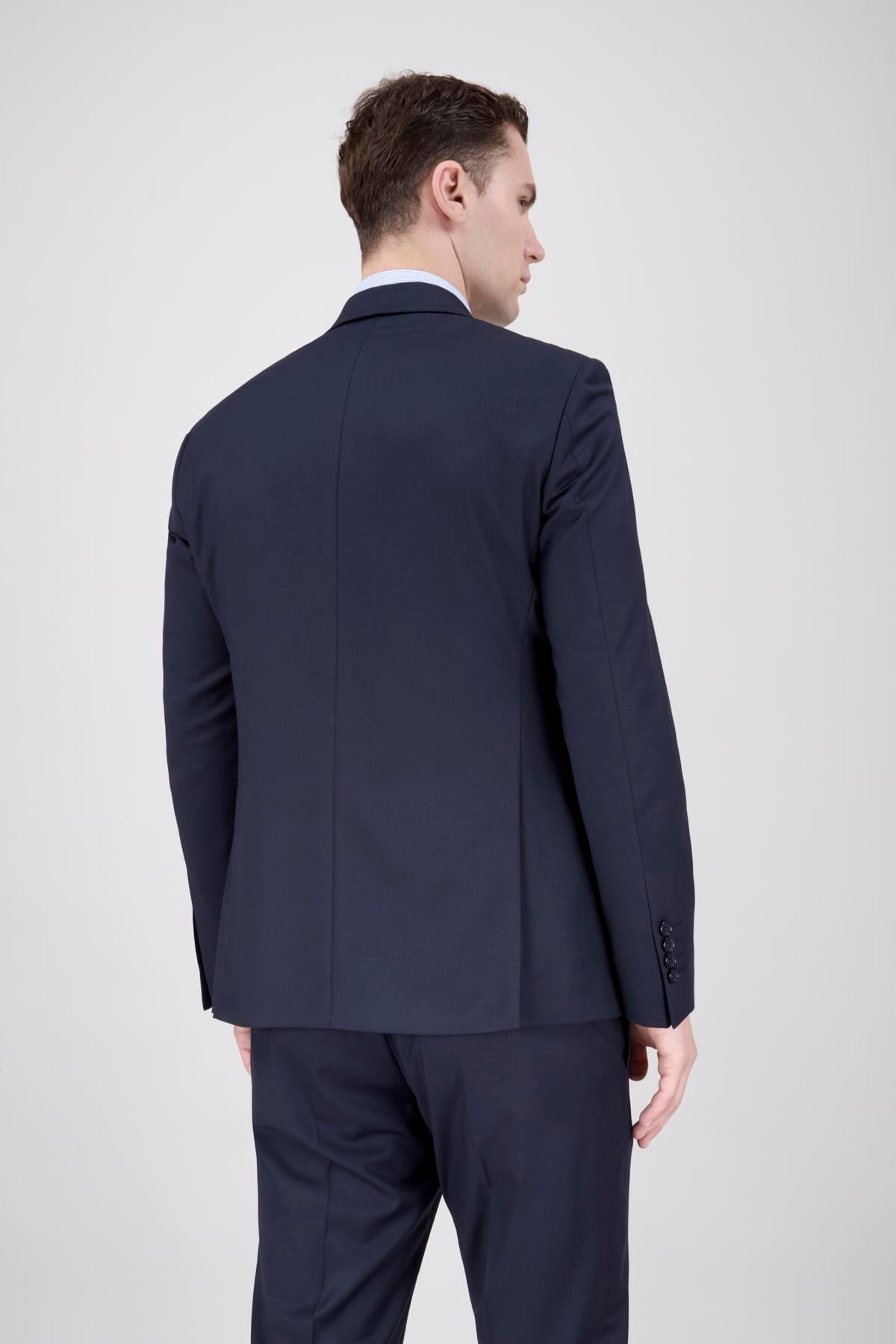 Erkek Slim Fit Sivri Yaka Lacivert Yelekli Takım Elbise