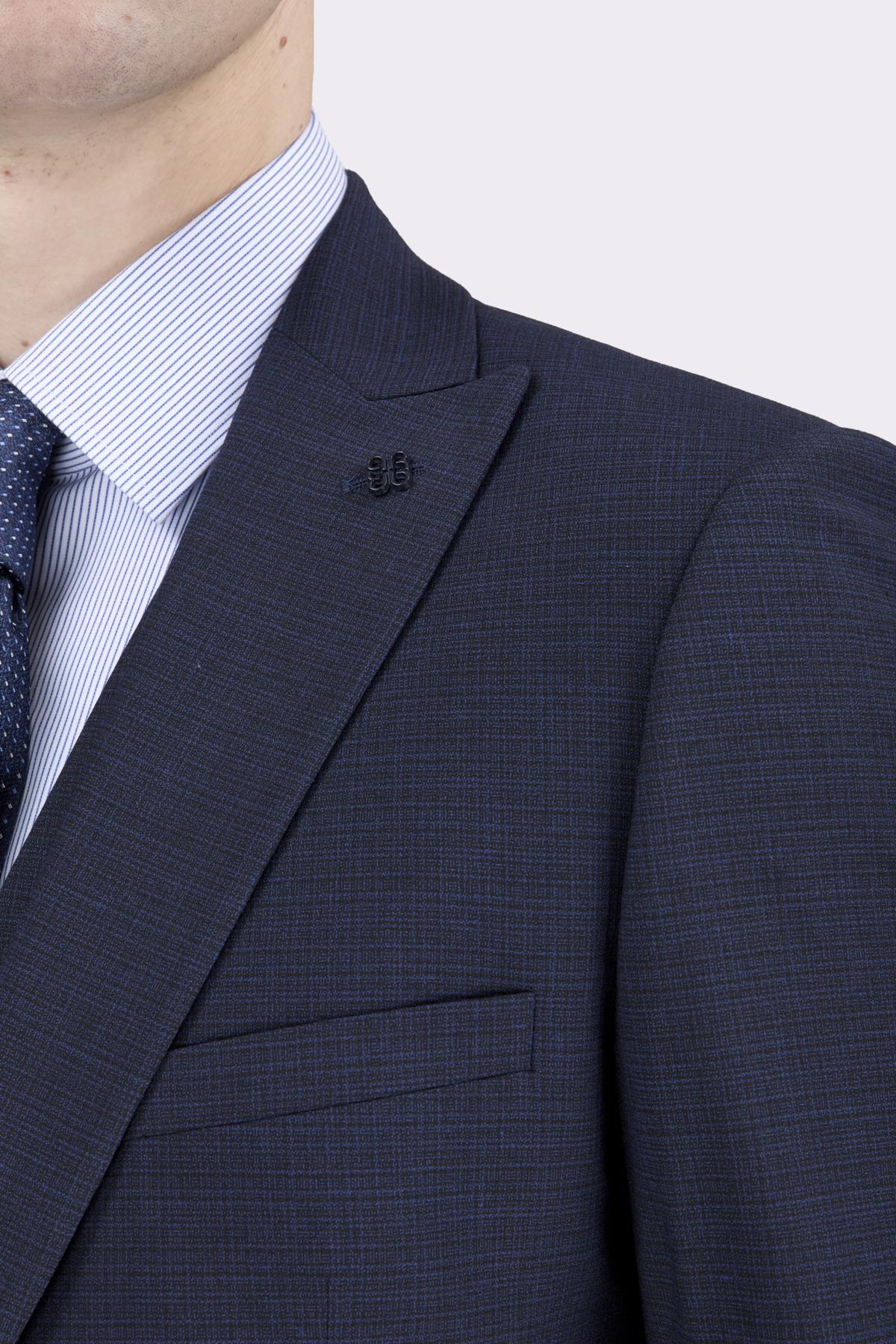 Erkek Slim Fit Sivri Yaka Lacivert Yelekli Takım Elbise
