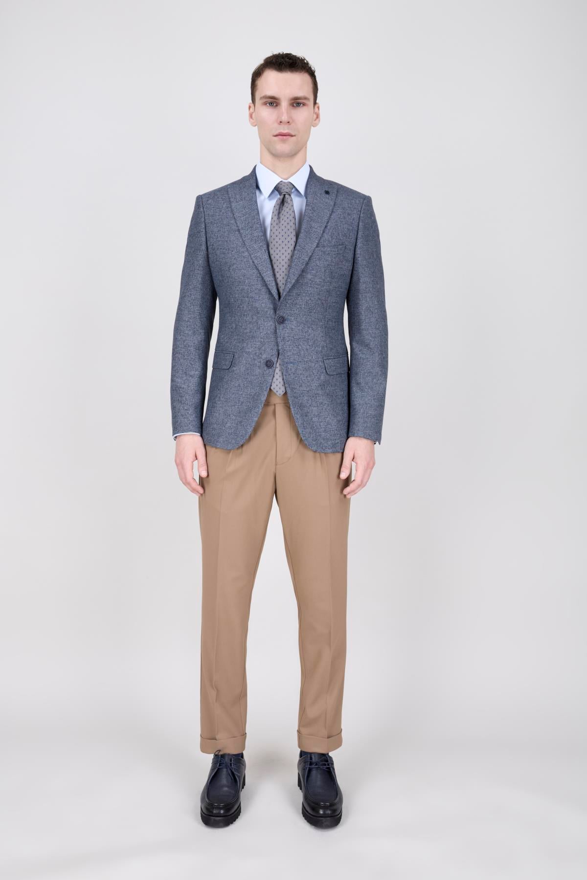 Erkek Slim Fit Sivri Yaka Lacivert Ceket