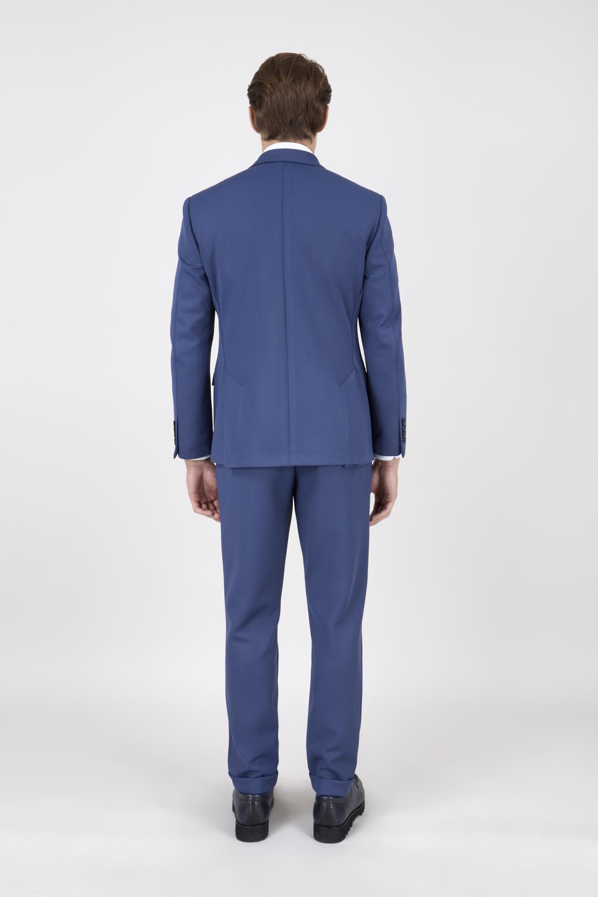 Erkek Slim Fit Sivri Yaka Puntolu Kapak Cepli Mavi Yarım Astar 6 Drop Kruvaze Takım Elbise