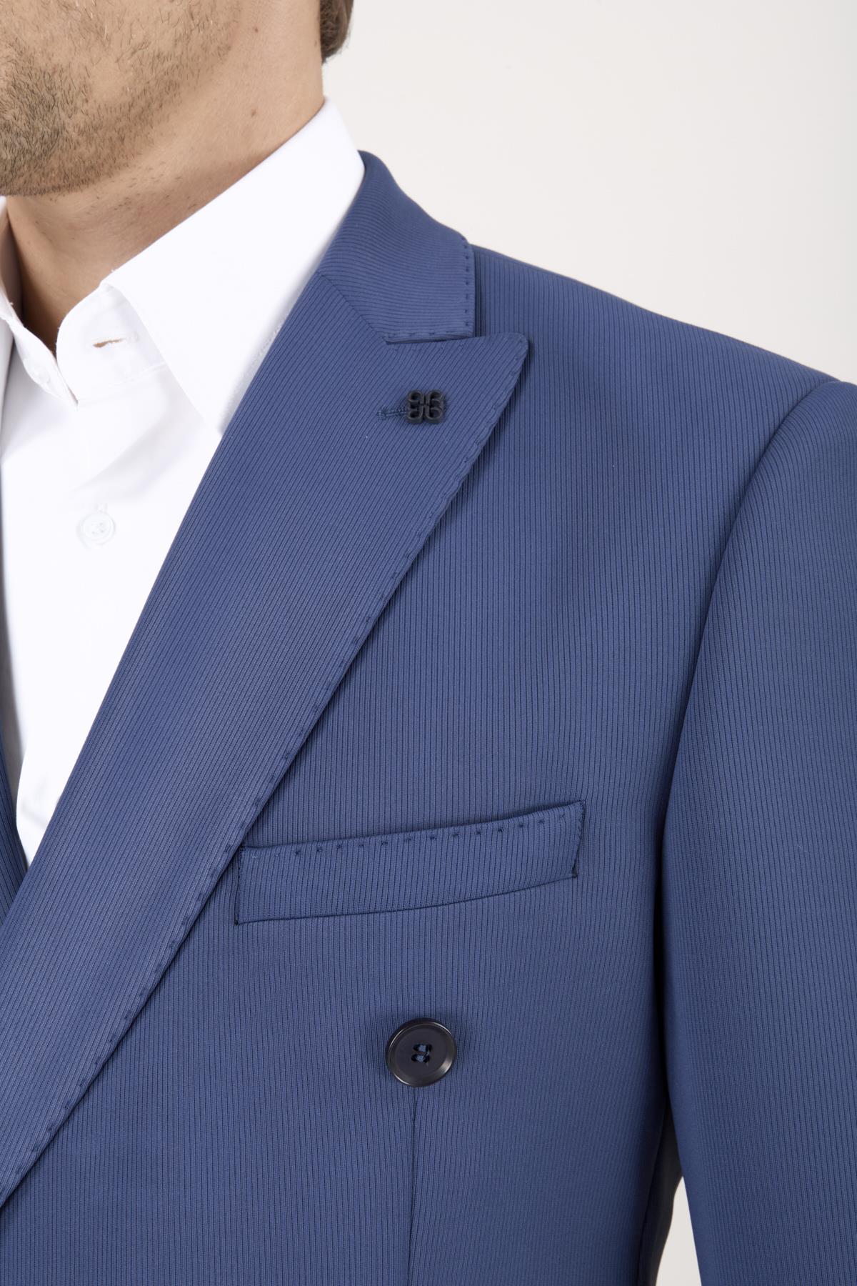 Erkek Slim Fit Sivri Yaka Puntolu Kapak Cepli Mavi Yarım Astar 6 Drop Kruvaze Takım Elbise