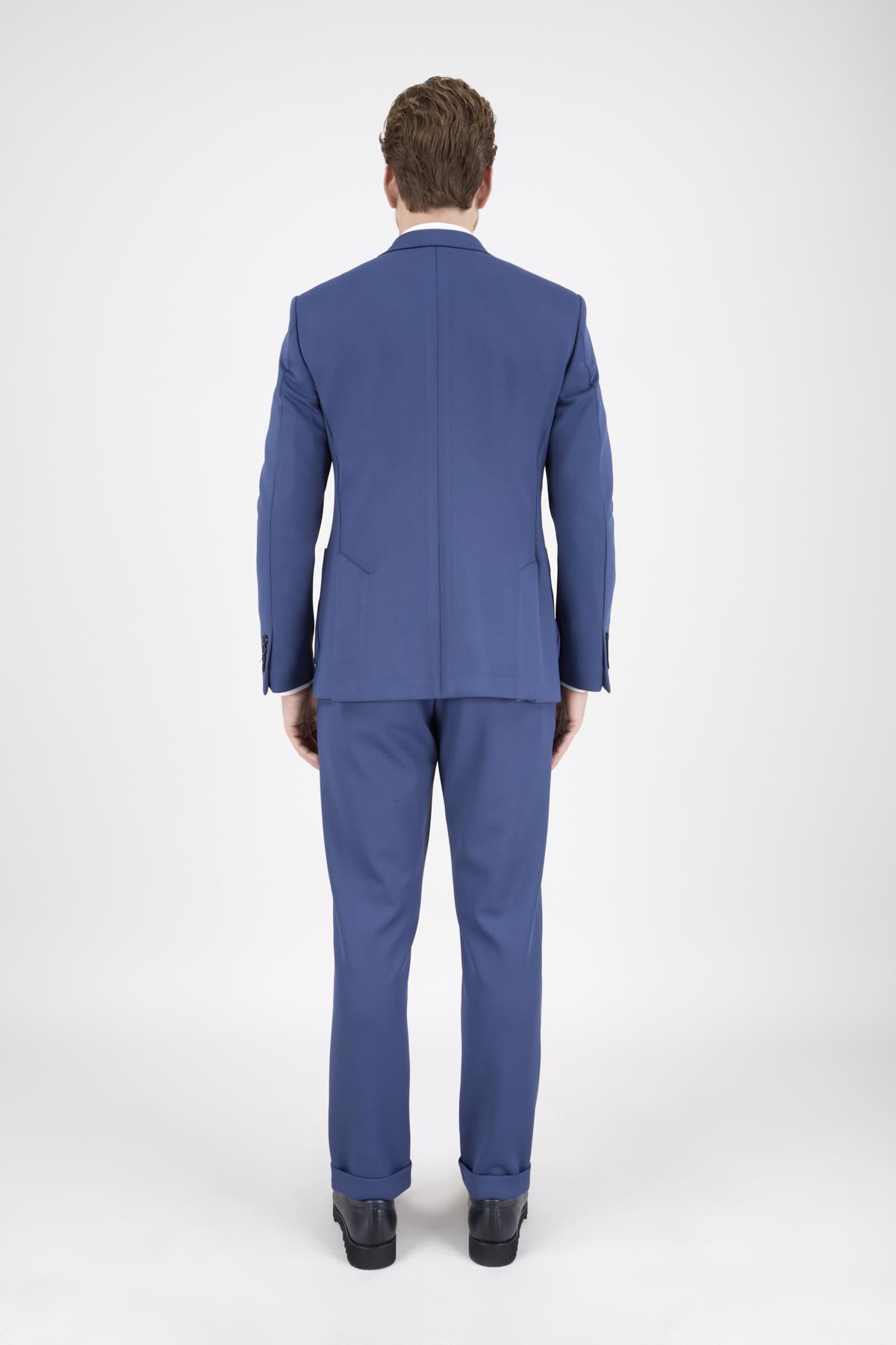Erkek Slim Fit Sivri Yaka Puntolu Torba Cepli Mavi Yarım Astar Takım Elbise