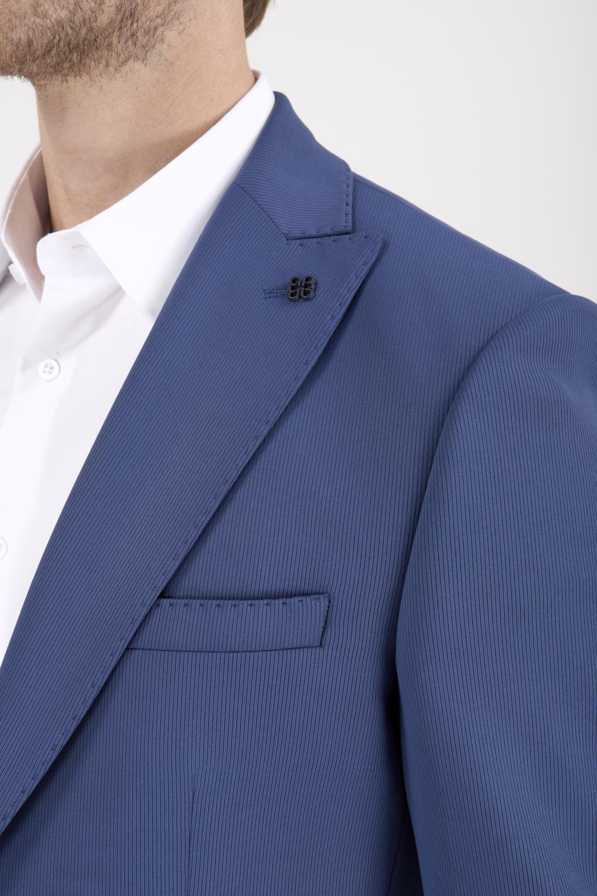 Erkek Slim Fit Sivri Yaka Puntolu Torba Cepli Mavi Yarım Astar Takım Elbise