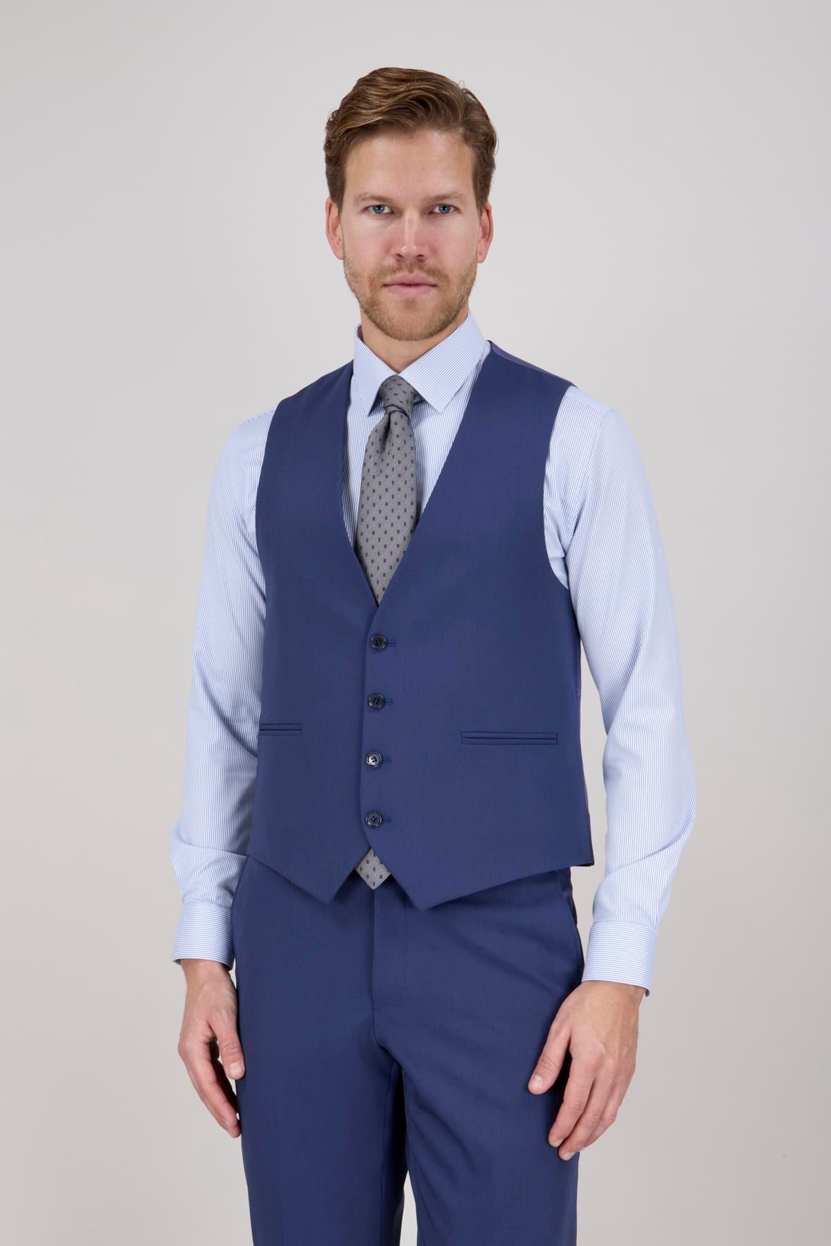 Erkek Slim Fit Sivri Yaka Parlement Yelekli Takım Elbise