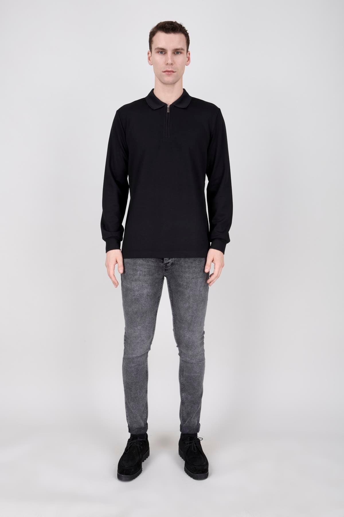 Erkek Uzun Kollu Fermuarlı Siyah Polo Yaka Tişört