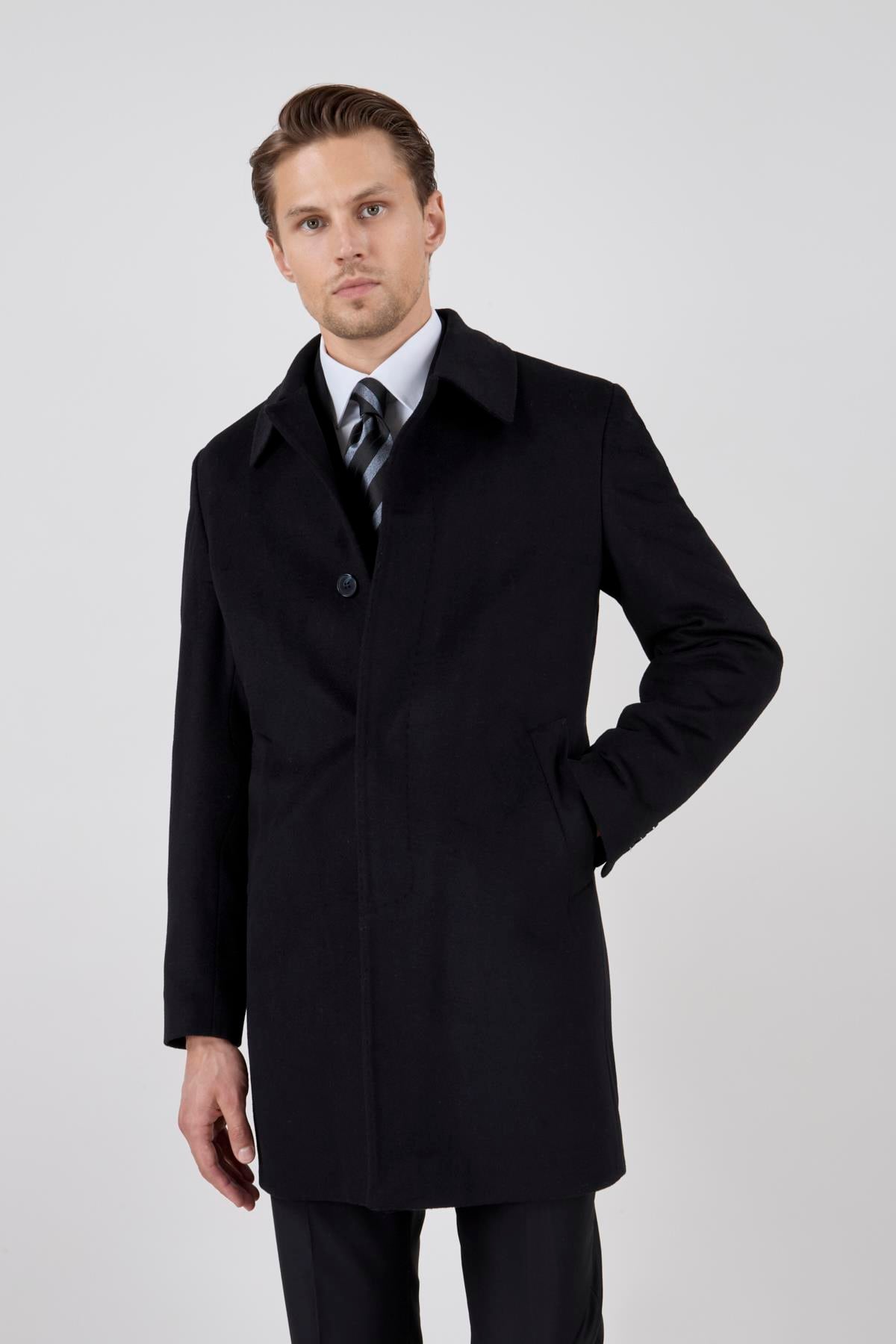 Erkek Siyah Kaşe Kaban