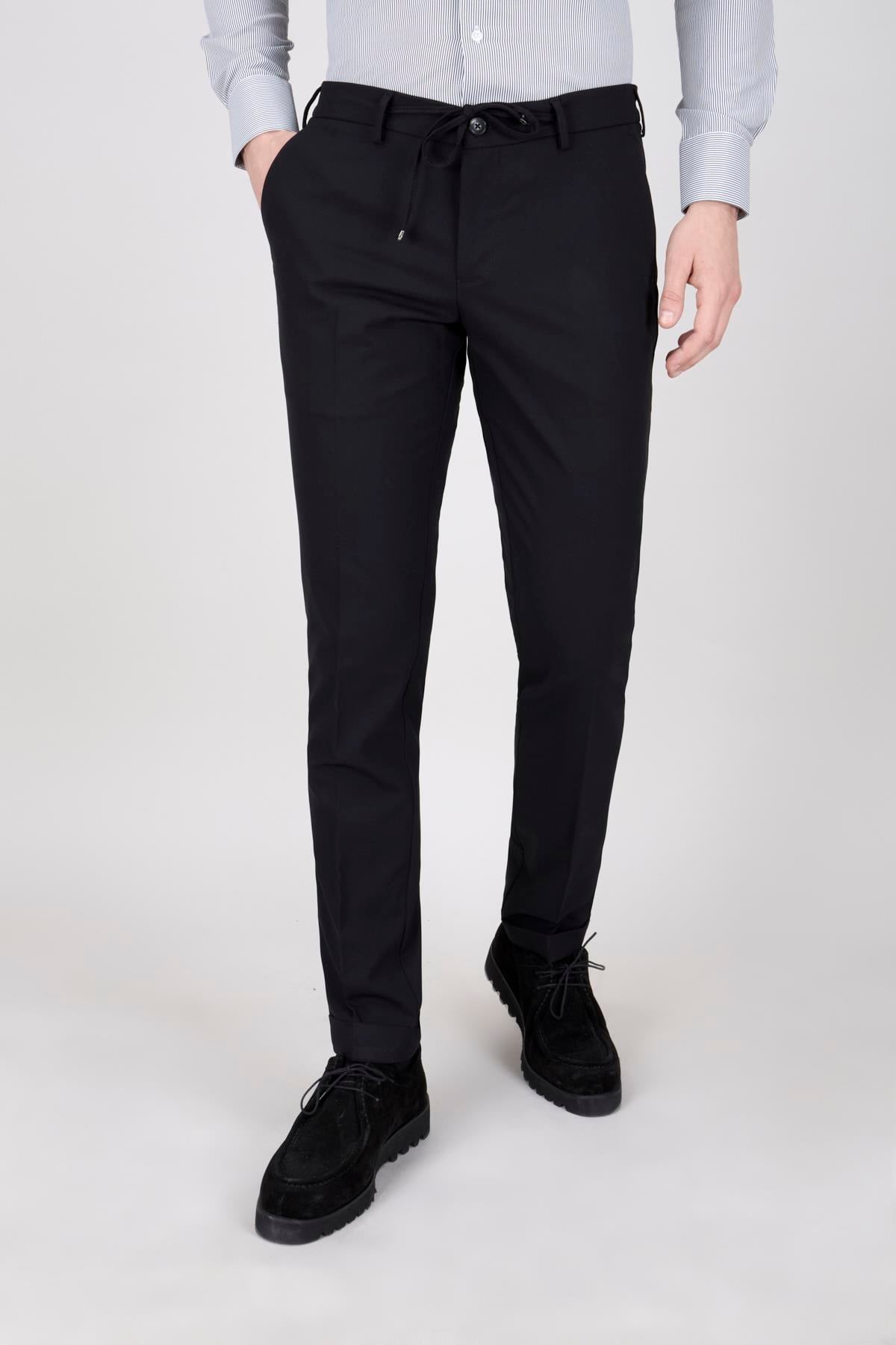 Erkek Siyah Bağcıklı Casual Pantolon