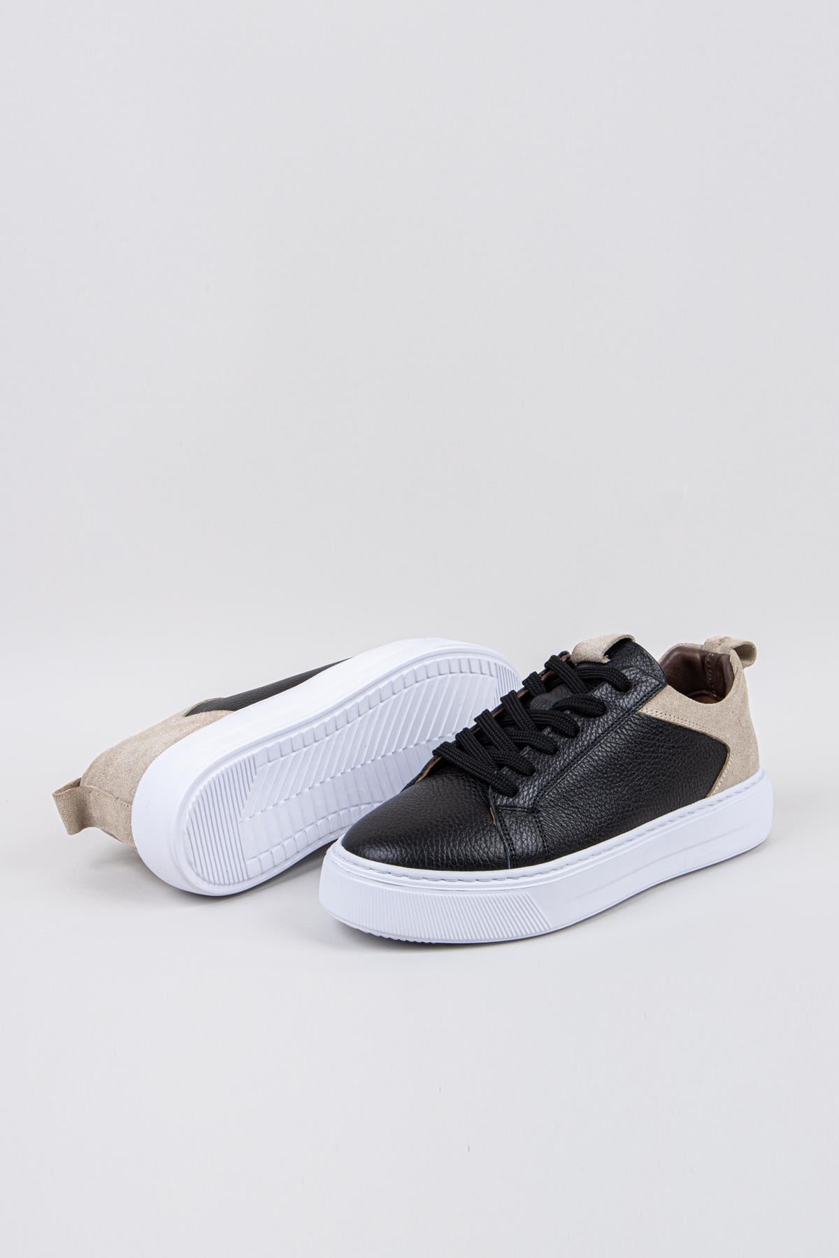 Erkek Siyah-Siyah Taban Deri Sneaker Ayakkabı