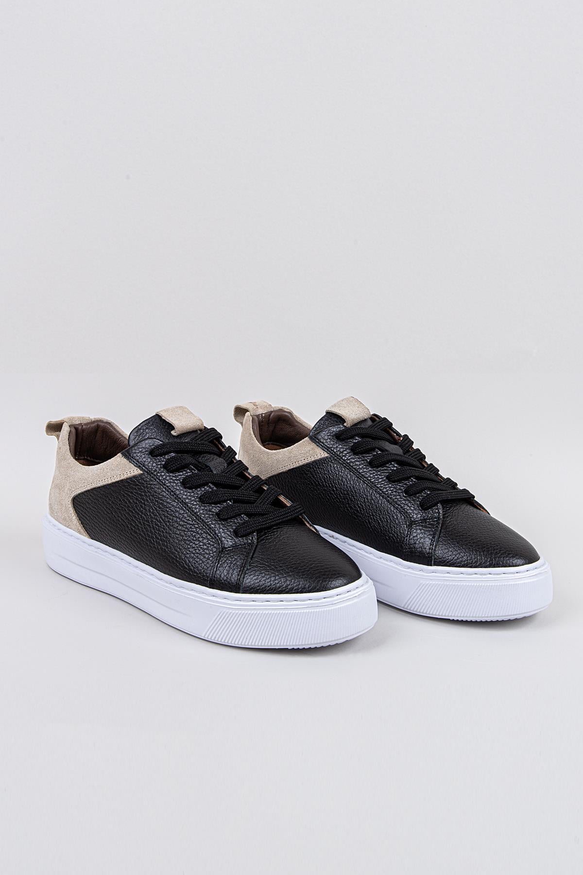 Erkek Siyah-Siyah Taban Deri Sneaker Ayakkabı