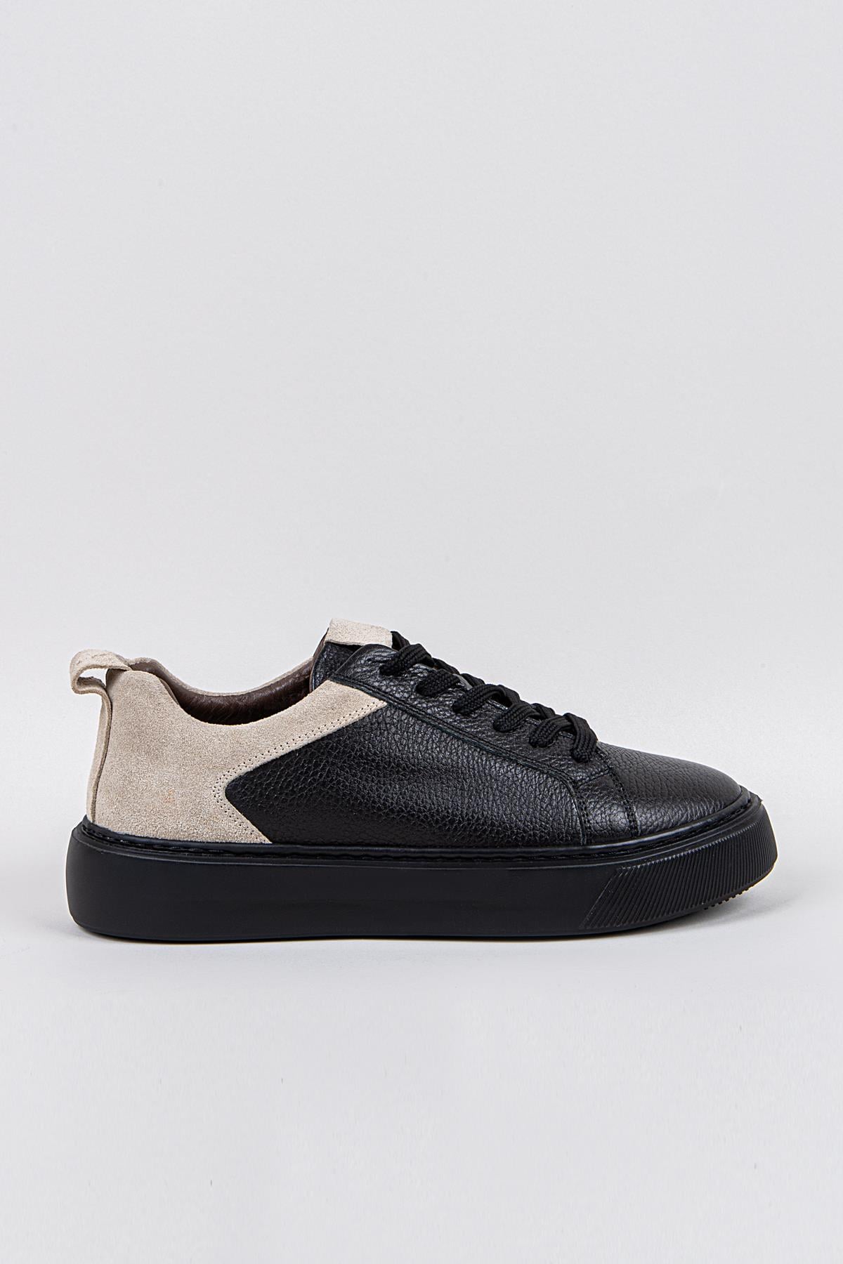 Erkek Siyah-Erkek Siyah Taban Deri Sneaker Ayakkabı