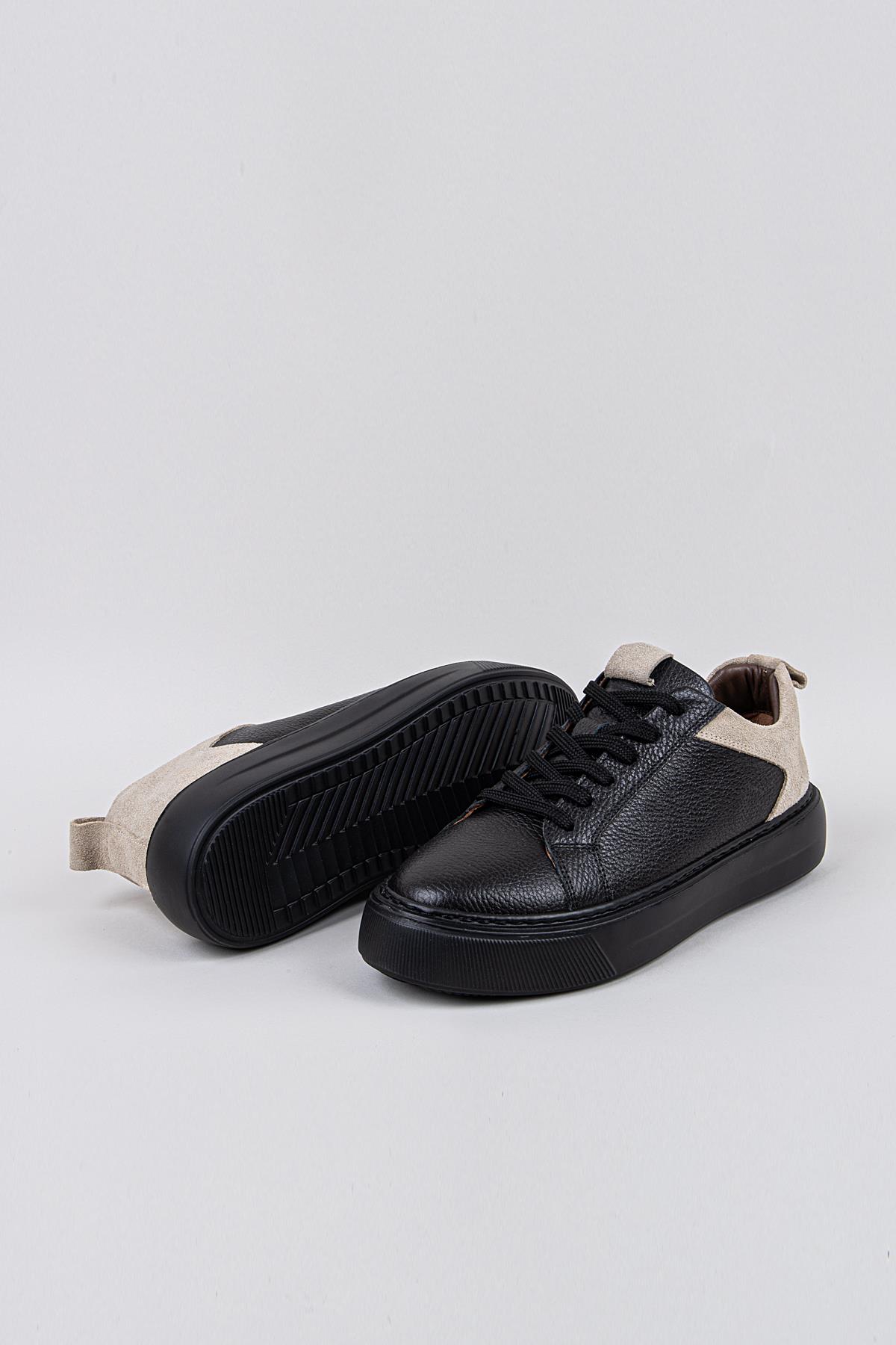 Erkek Siyah-Erkek Siyah Taban Deri Sneaker Ayakkabı