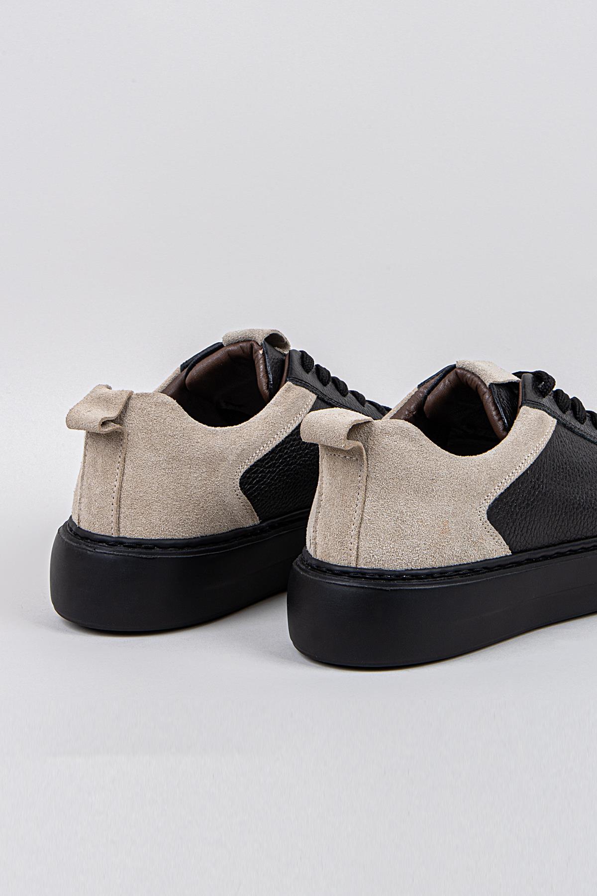 Erkek Siyah-Erkek Siyah Taban Deri Sneaker Ayakkabı