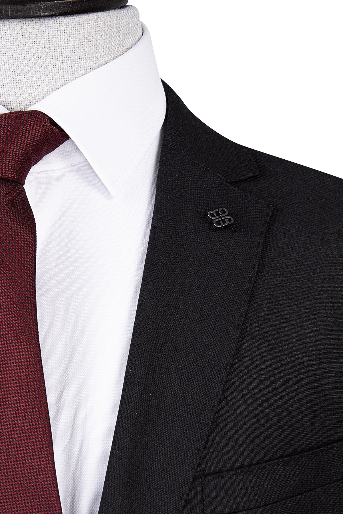 Erkek Slim Fit Mono Yaka Puntolu Siyah Torba Cep Yarım Astar Takım Elbise