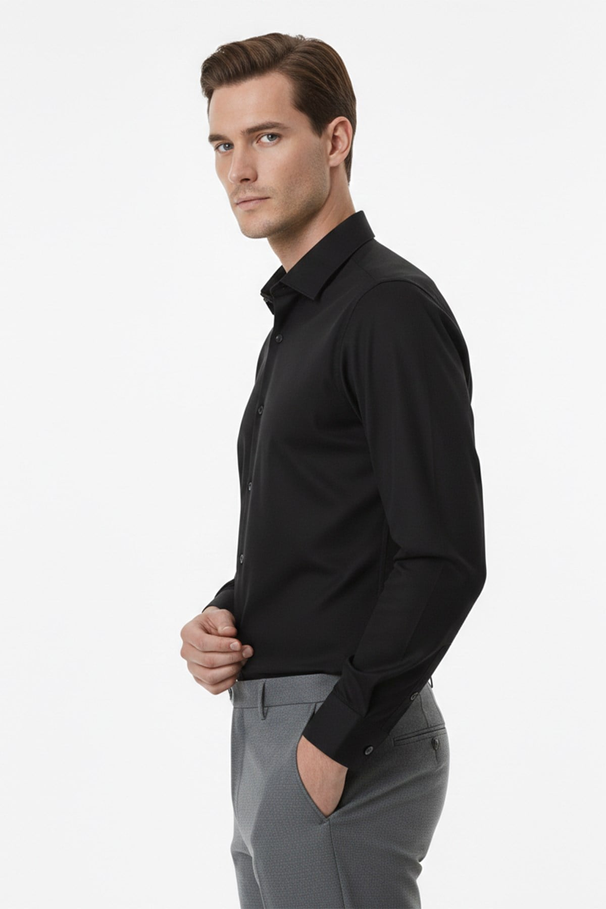 Erkek Slim Fit Siyah Gömlek