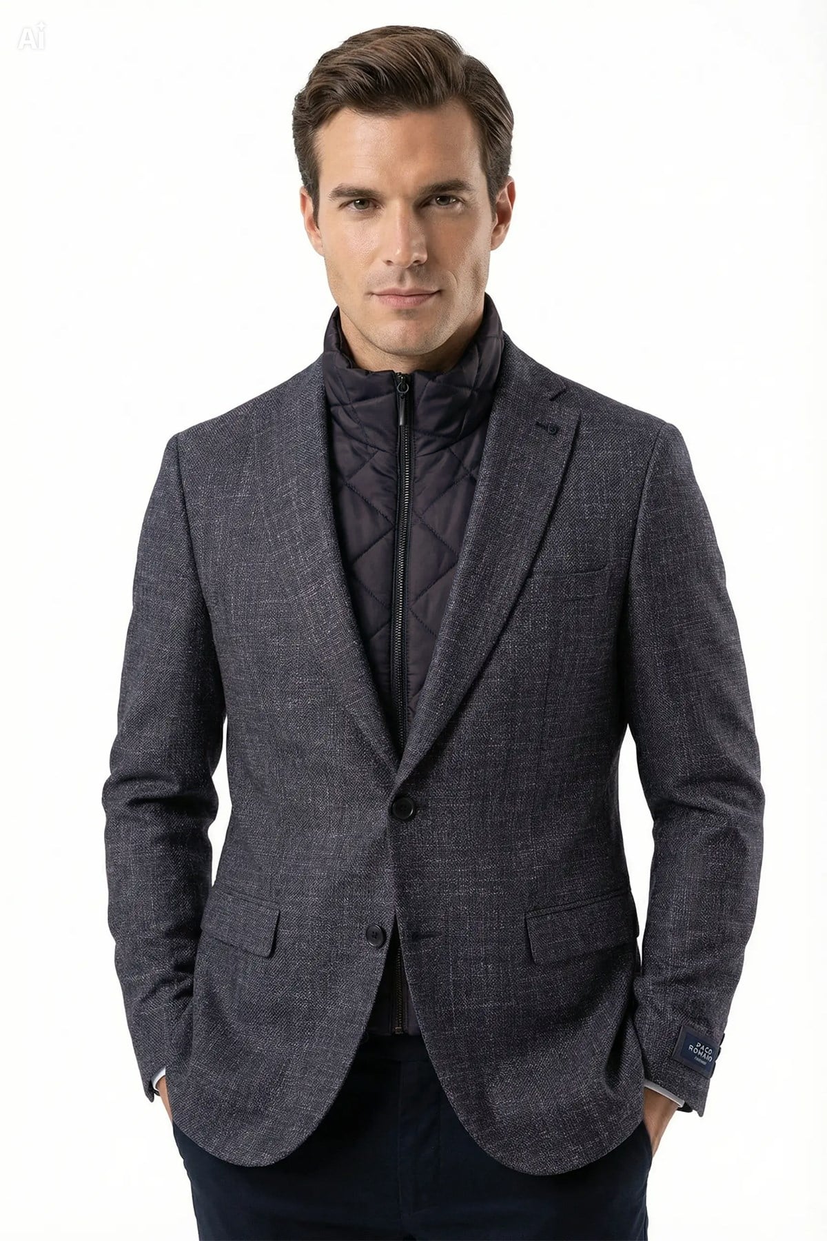 Erkek Slim Fit Mono Yaka Çıkarılabilir Kapitone Astarlı Siyah Ceket