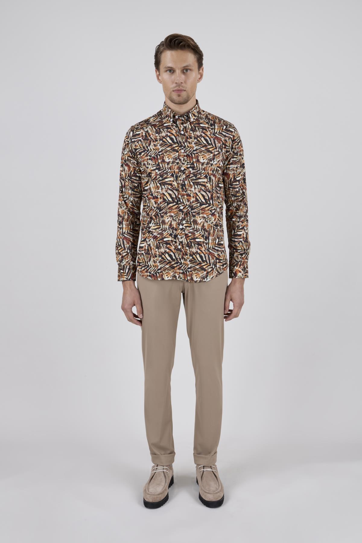 Erkek Slim Fit Desenli Kahverengi Gömlek