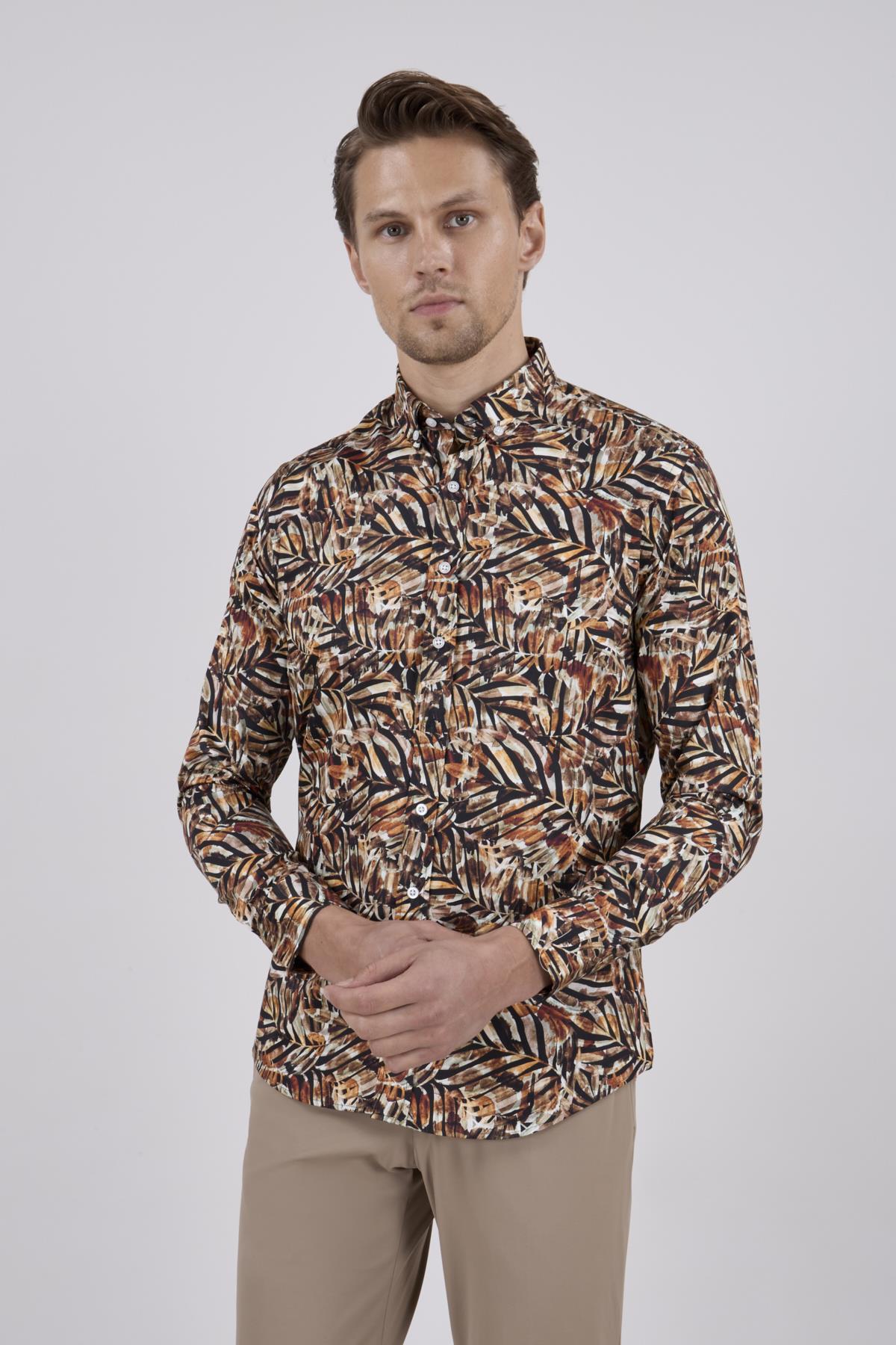 Erkek Slim Fit Desenli Kahverengi Gömlek